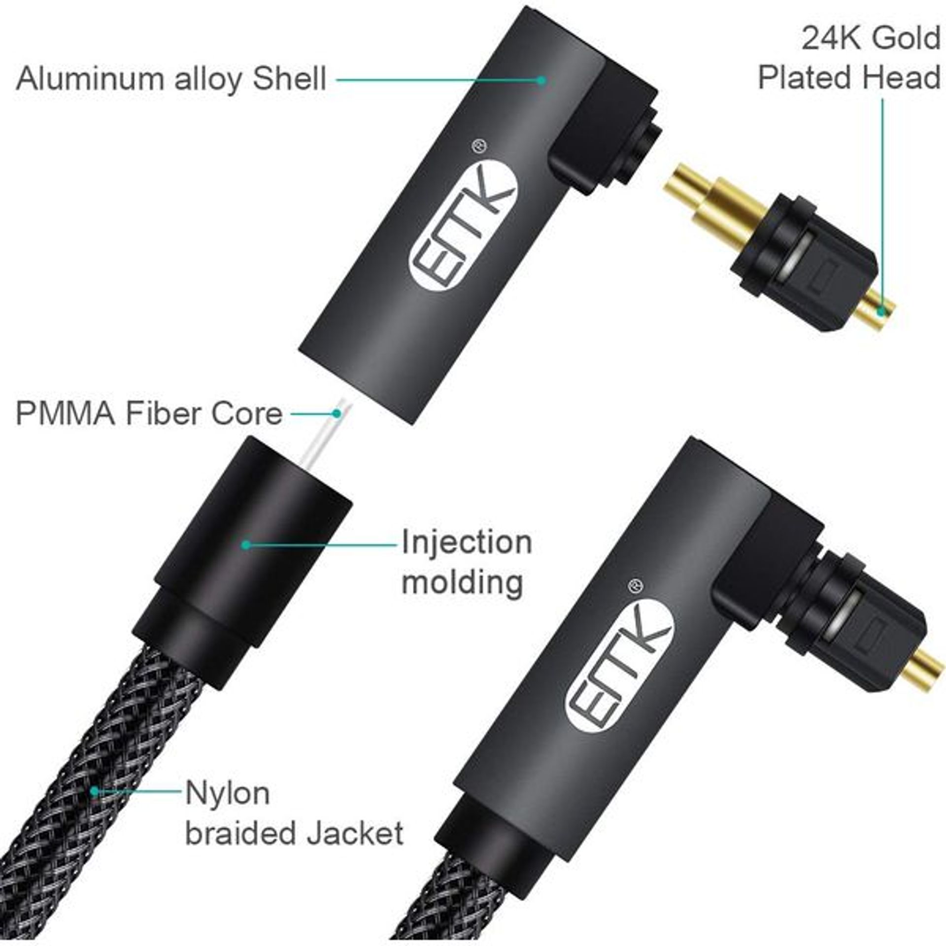 EMK Câble audio optique à angle droit, connecteur Toslink rotatif à 90°, câble à fibre optique pour lecteur Blu-ray, barre de son, HDTV, PS3/PS4, Xbox et plus (6 ft), bleu