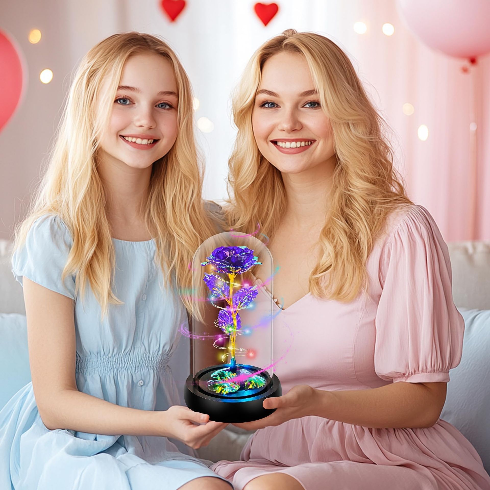 Rotating Colourful Purple LED Rose In Glass Dome - Perfect Gift