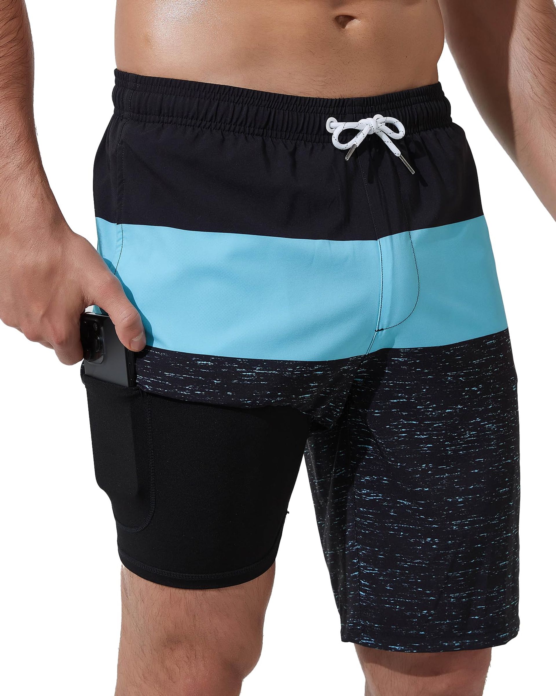 Men's Swimming Shorts 2 in 1 Quick Dry Trunks with Compression Liner, Stretch Fabric and Zip Pockets - Black and Blue Gradient L