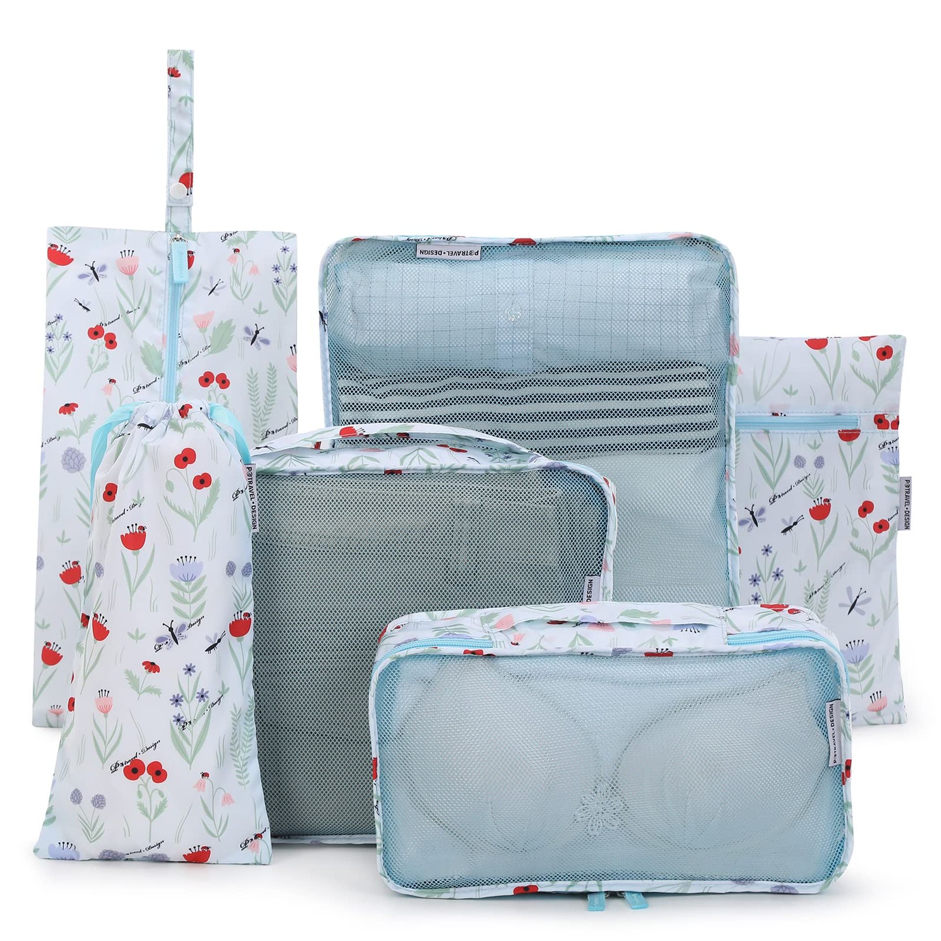 6 Piece Travel Packing Cubes Set with Luggage Organisers – Floral Design for Neat & Easy Holiday Packing