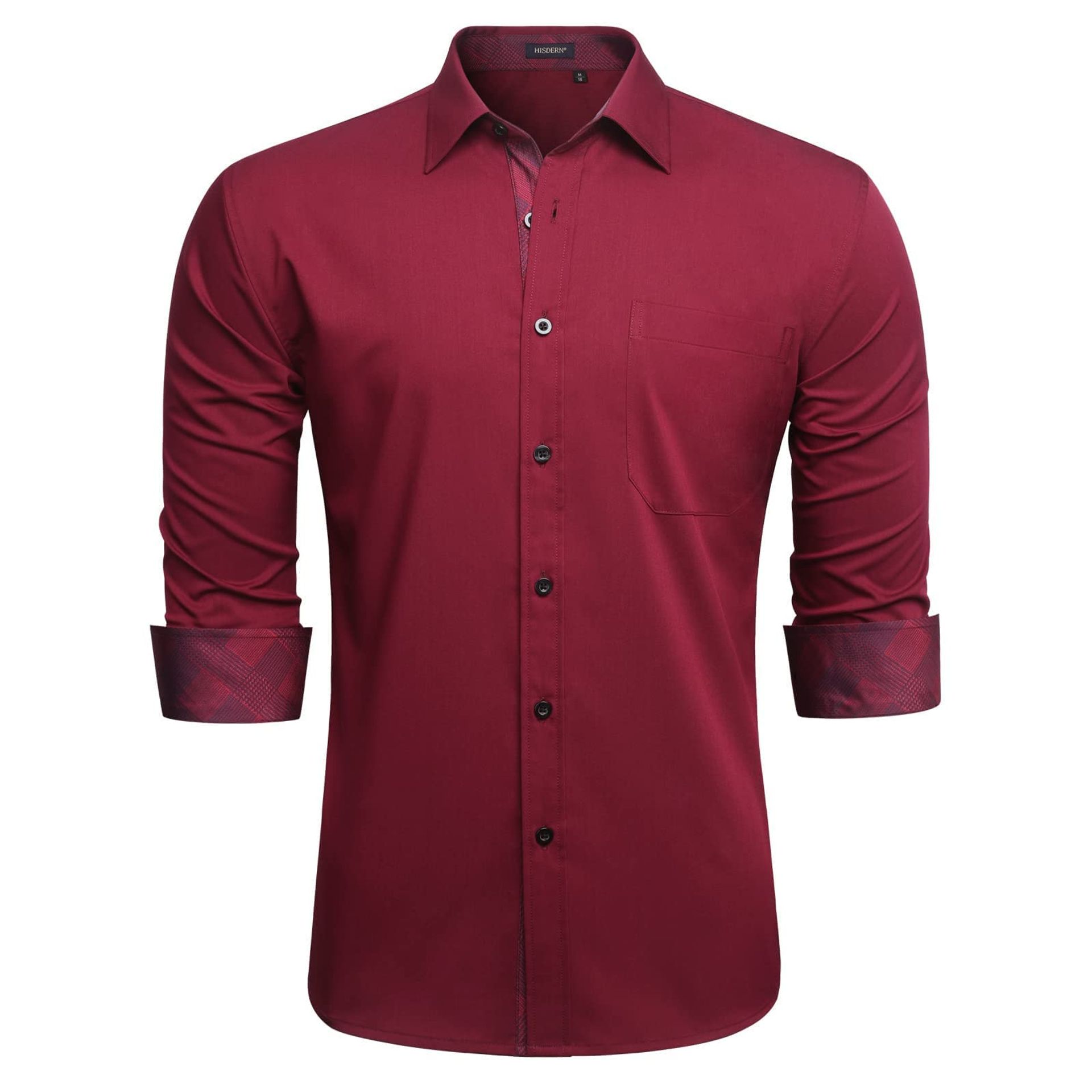 Men's Long Sleeve Dress Shirt Classic Collar Button Down Regular Fit Formal Work Top with Pocket - Red 4XL