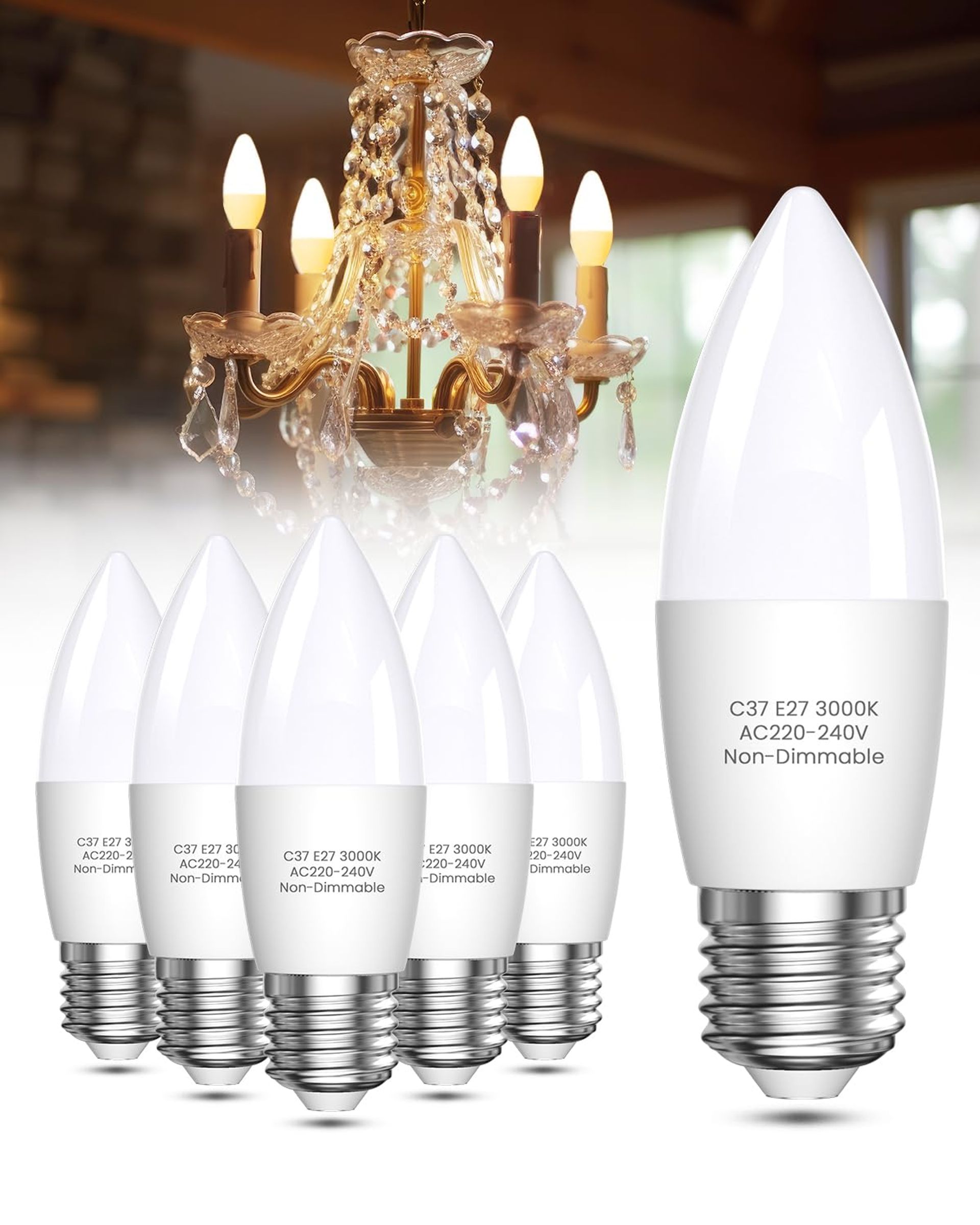 BrightArk 6-Pack E27 Screw Bulb, 7W Energy Saving, 600LM, Warm White (3000K), Candle Shape, LED, 60W Equivalent, Indoor Use