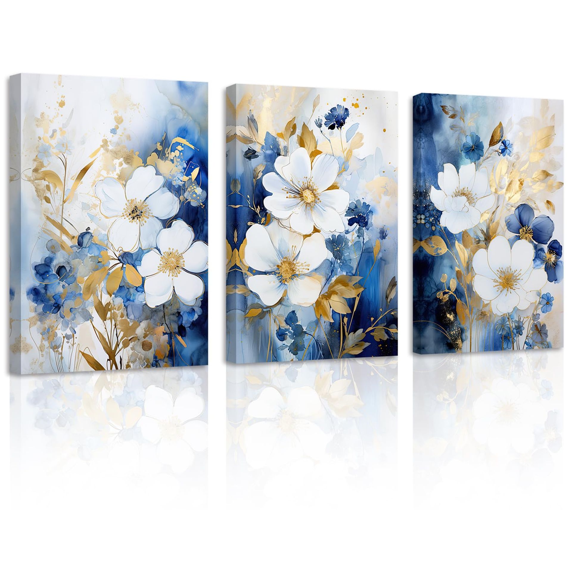 ZXHYWYM Abstract Floral Wall Art 3 Pieces Navy Blue Flowers Canvas Picture Blue and Gold Painting Prints Modern Artwork Home Decor Framed(1, (11.00" x 14.00" x 3PCS))