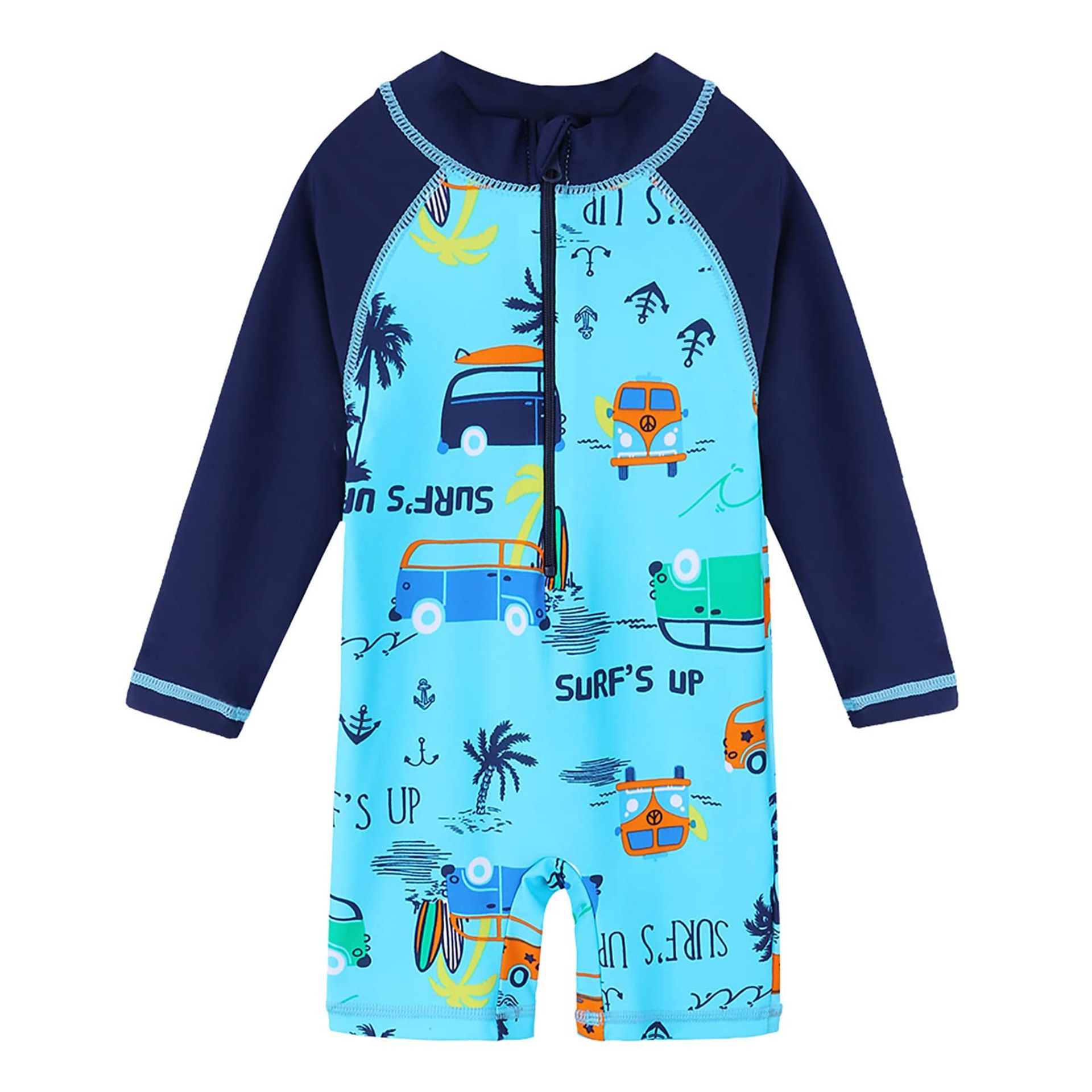 Baby Boys Short Sleeve Swimsuit with Hat UPF 50+ Zip Rash Guard - Car Print 0-6 Months