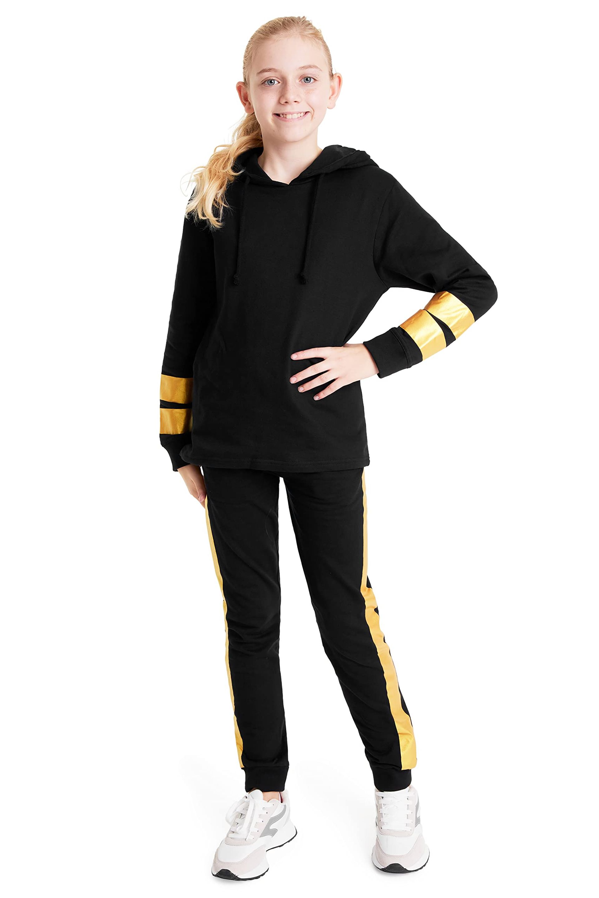 Girls' Stylish Tracksuit - Cosy 2 Piece Hoodie & Joggers Set, 100% Cotton, Gold (9-10 Years)