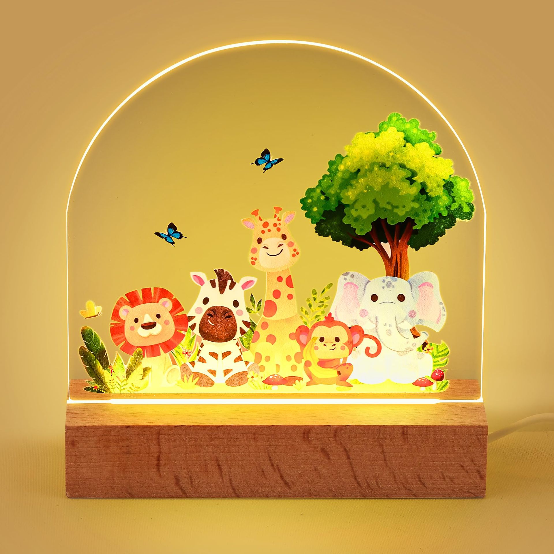 Acrylic Kids Night Light - Soft Warm Yellow LED Lamp for Baby & Toddler Room Decor (Animal Design)
