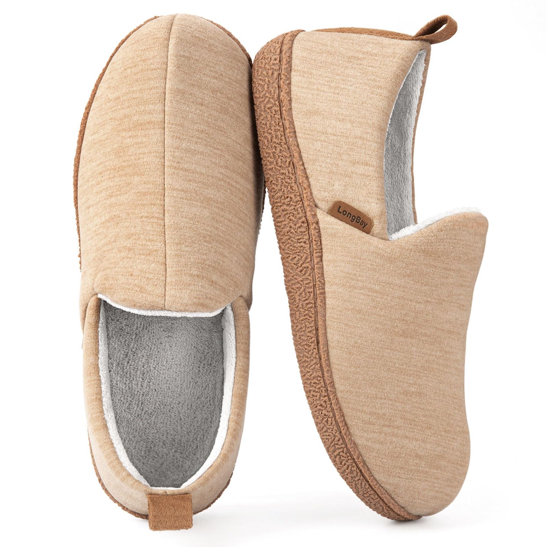 LongBay Women's Khaki Memory Foam Slippers Cozy Brushed Jersey House Shoes Size 7-8