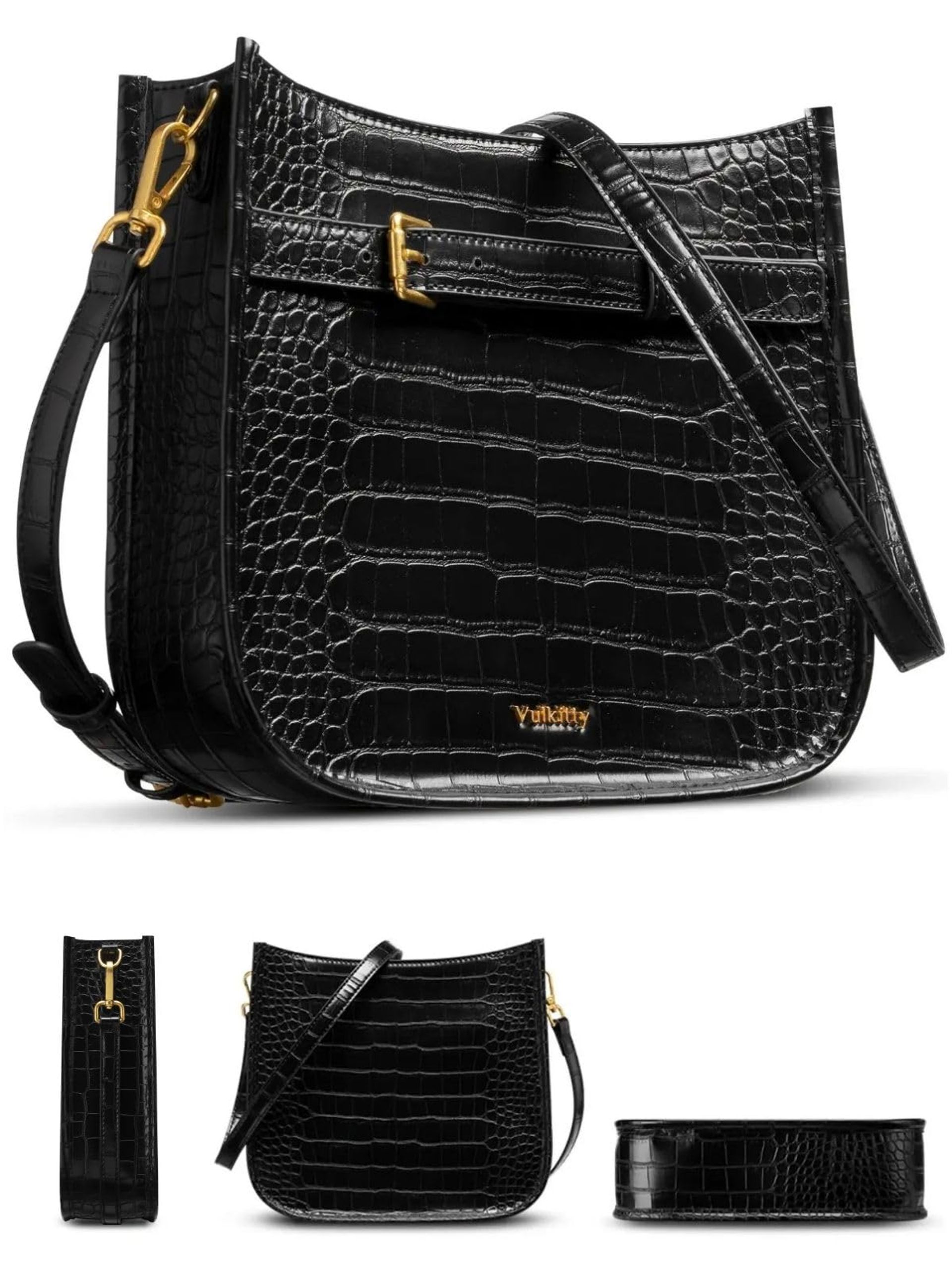 Women's Crossbody Bag PU Vegan Leather Shoulder Handbag with Adjustable Strap - Crocodile Grain Mediua KB103