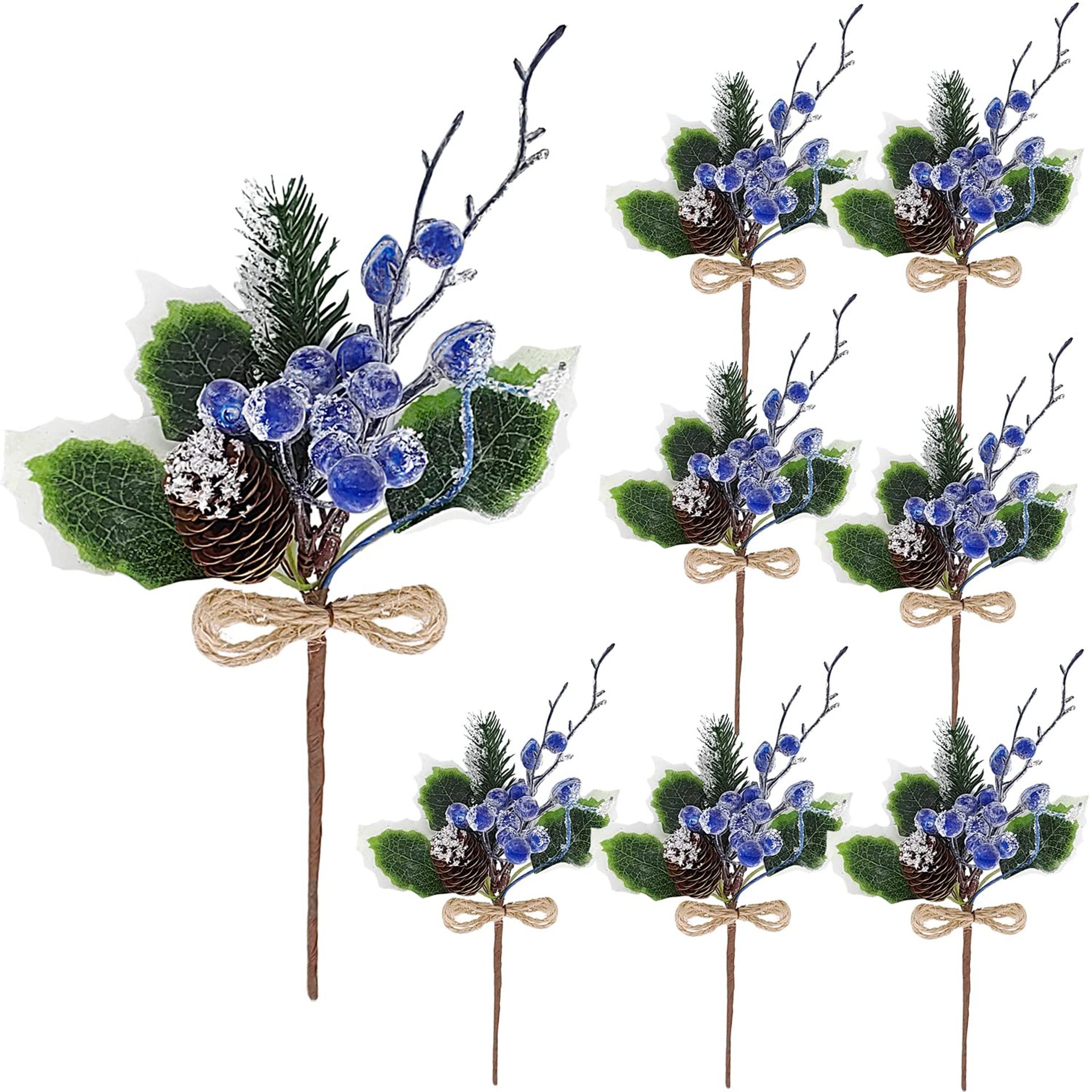 KKSTY 8Pcs Artificial Christmas Picks Sprays Blue Berry Stems with Pinecones Holly Leaves for Christmas Floral Arrangement Wreath Making Supplies Winter Holiday Season Décor