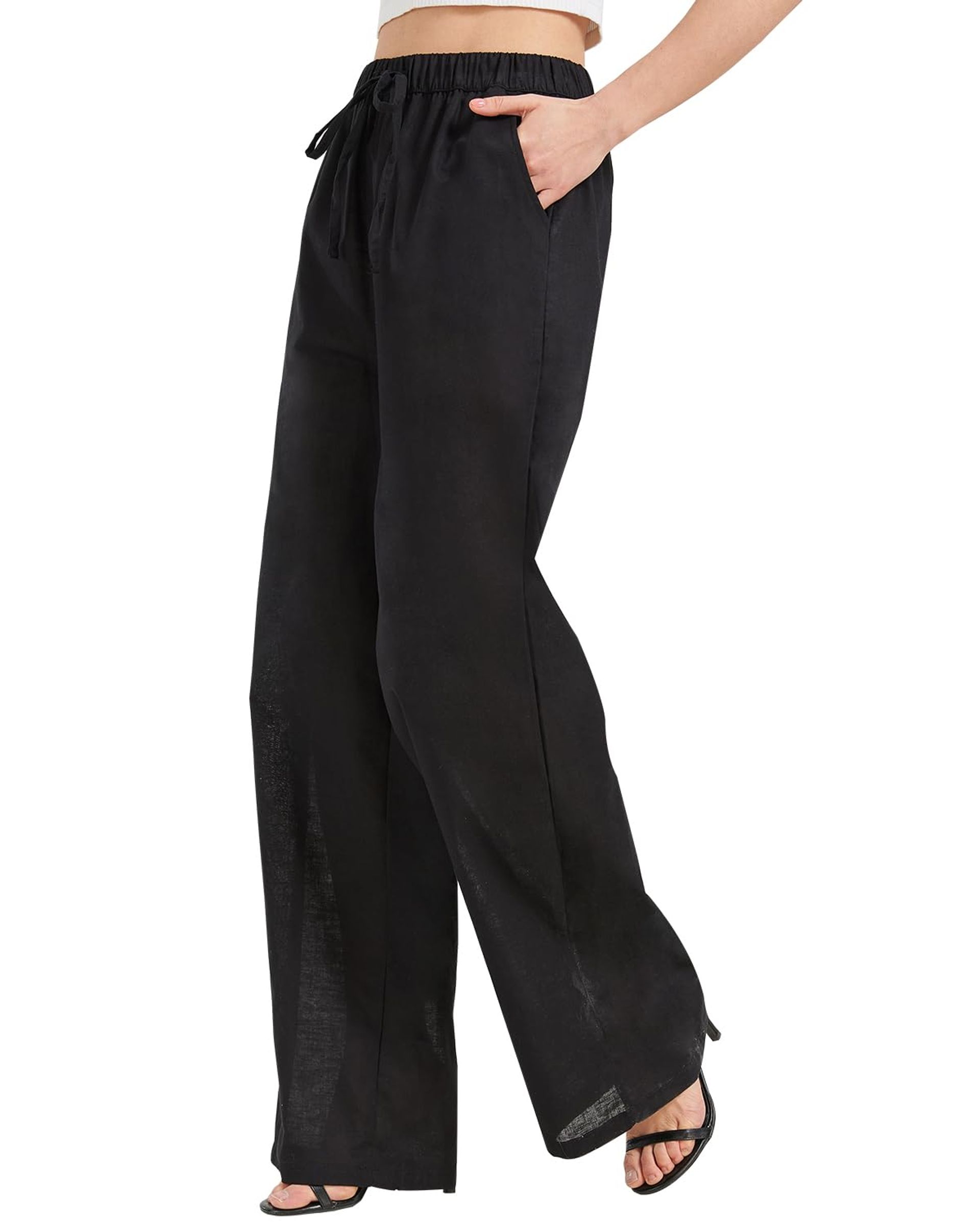 Women's Extra Long Linen Trousers Lightweight Wide Leg Beach Pants with Pockets - Black XL Extra Tall