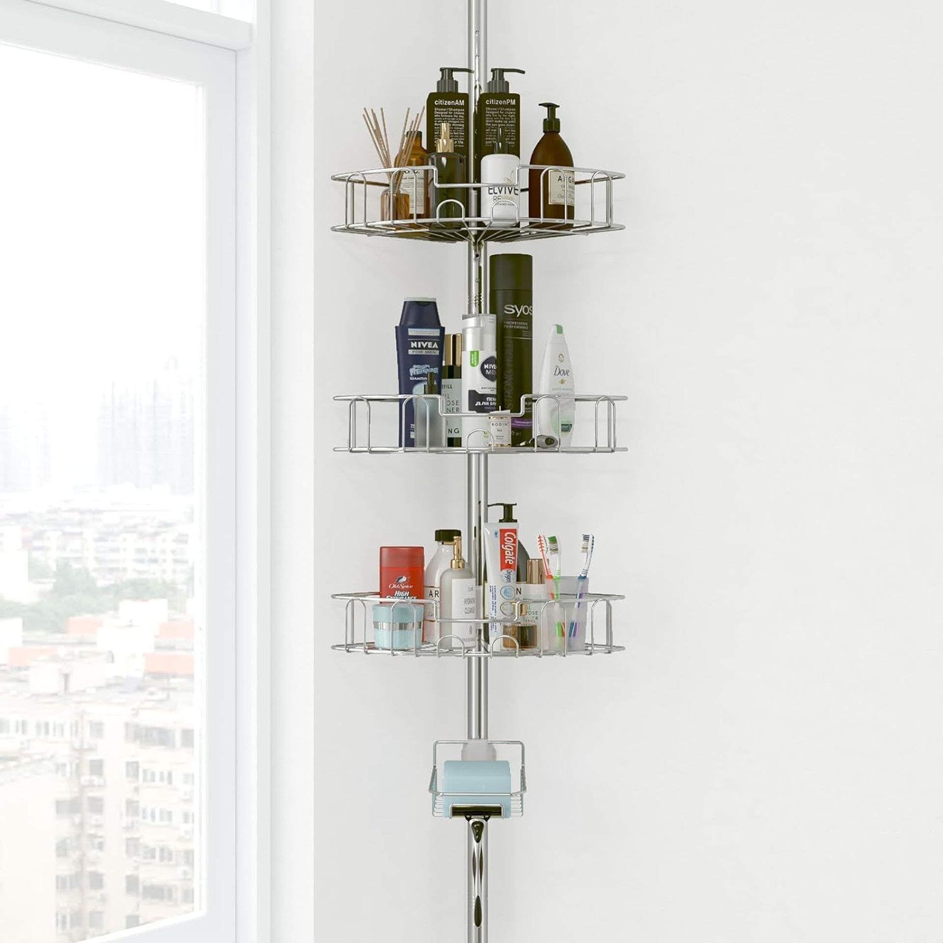 Shower Caddy Bathroom Corner Storage with 4 Adjustable Shelves, Rustproof Tension Pole Organiser 99-317cm, Silver