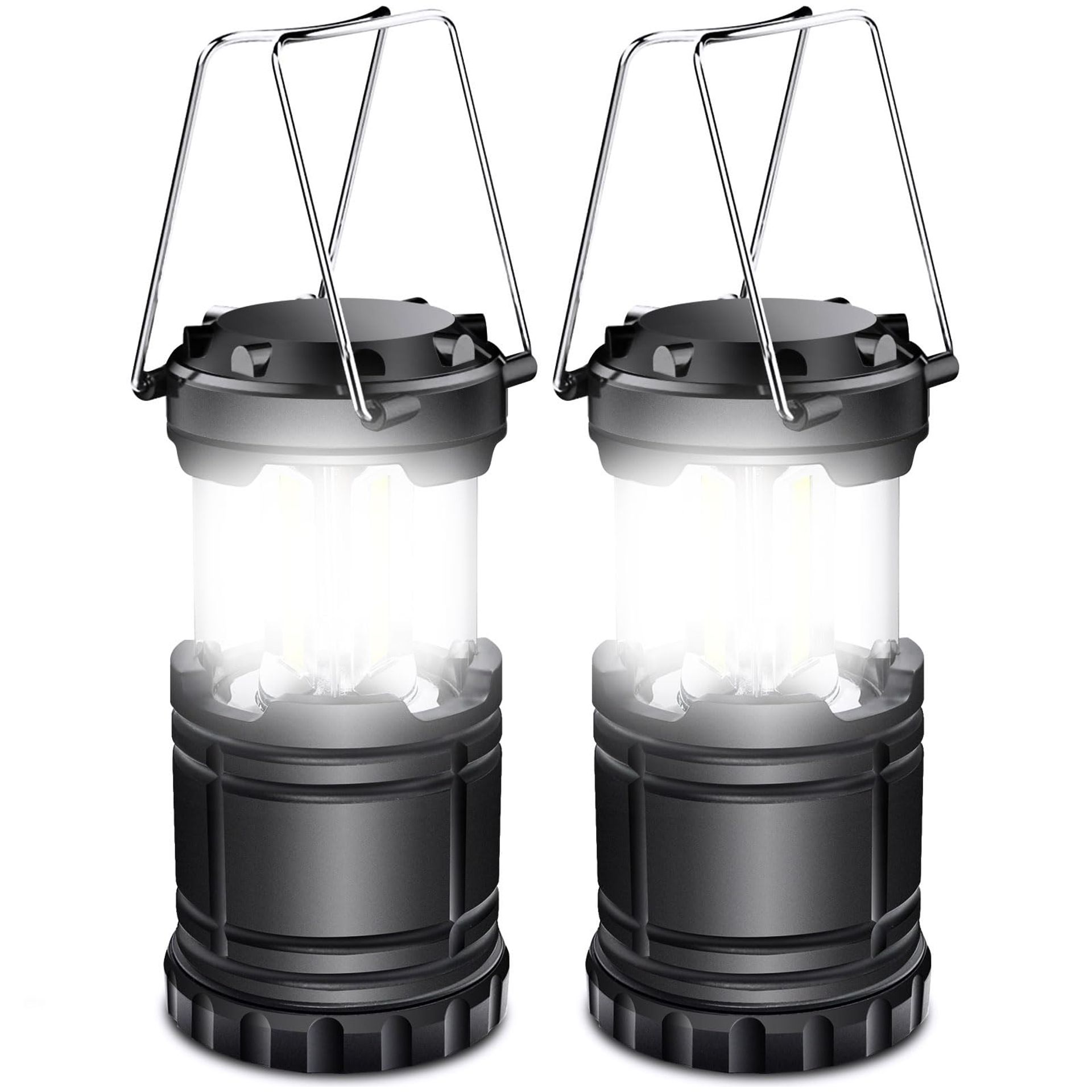 EXTRASTAR LED Camping Lantern, Battery Operated Collapsible Portable LED Lanterns, Emergency Lights with Foldable Hook for Hiking, Camping, Outages, Black(Pack of 2)