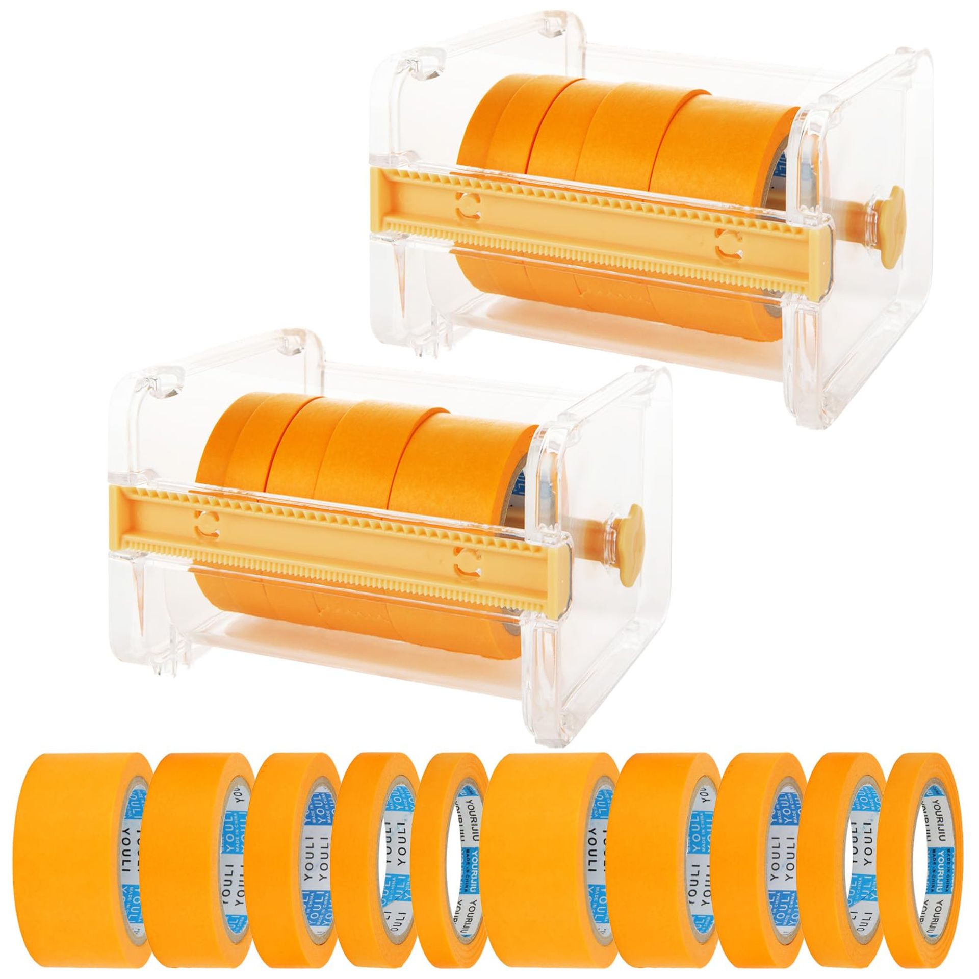 12 PCS Yellow Masking Tape Set with 2 Dispensers, 5 Sizes for Painting & Decorating - High Quality, No Residue