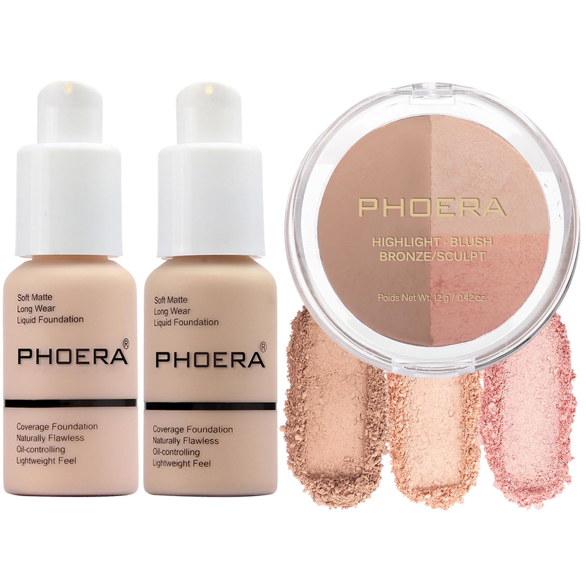 Hilareco PHOERA Foundation & Contour Palette Set - 24-Hour Wear with Highlighter & Blush