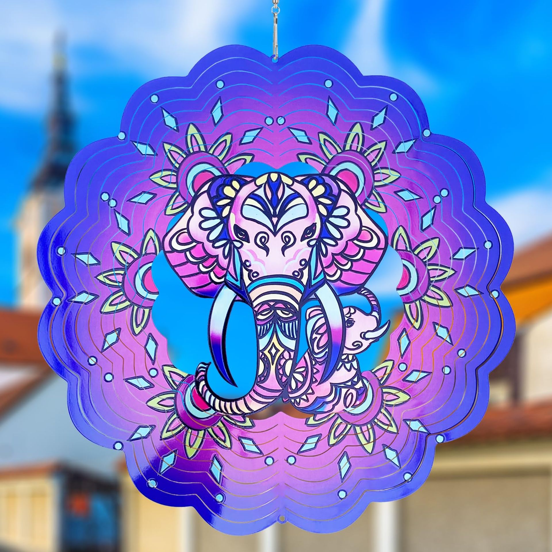 3D Metal Wind Spinner Elephant Design Hanging Garden Ornament, Indoor & Outdoor Kinetic Sculpture Decoration - Colorful 12inch