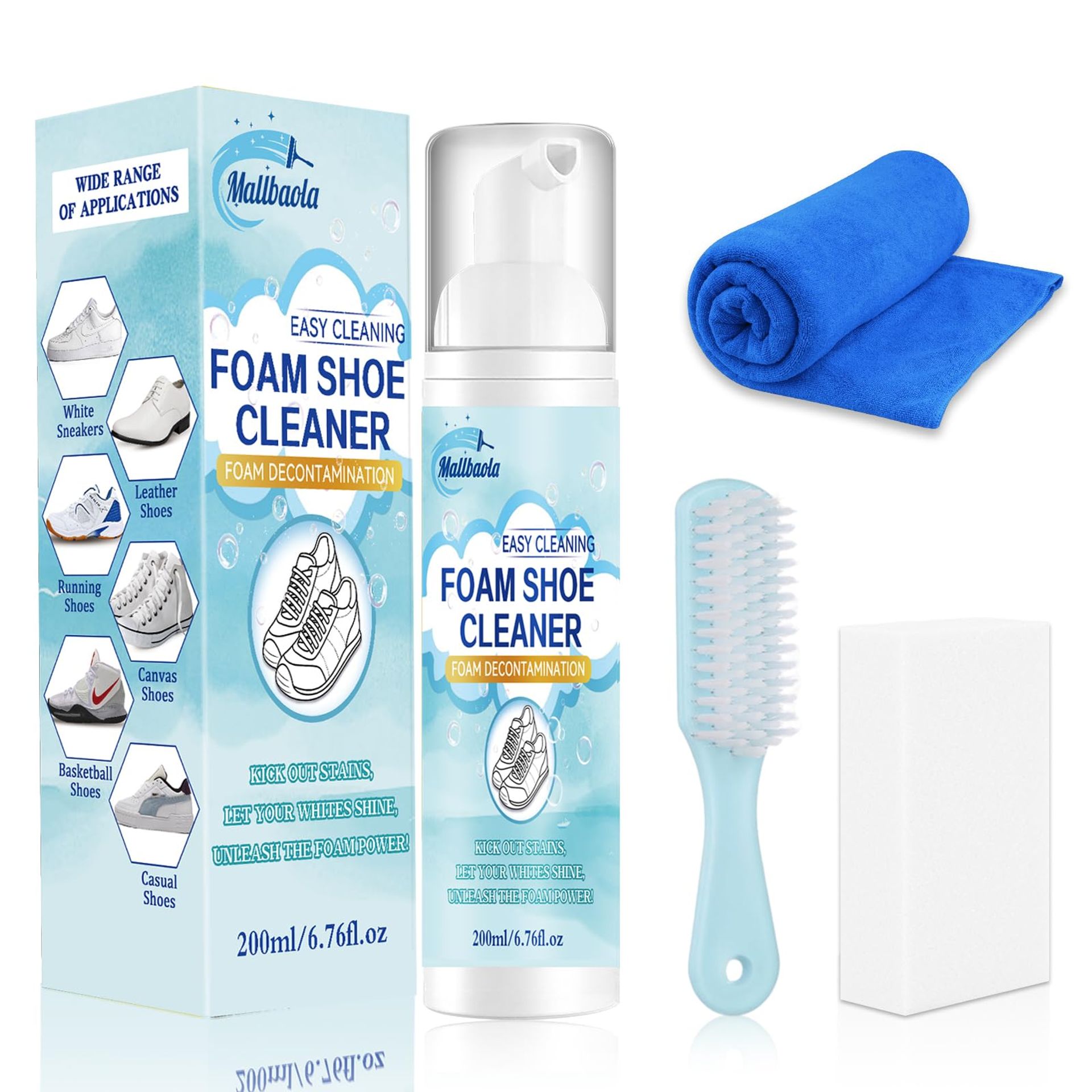 Mallbaola Shoe Cleaner, 200ml White Trainer Cleaner, Sneaker Cleaner with Towel and Sponge, Shoe Cleaning Kit for Removing Stains and Dirt, Shoe Whitener for Trainers, Leather and Casual Shoe