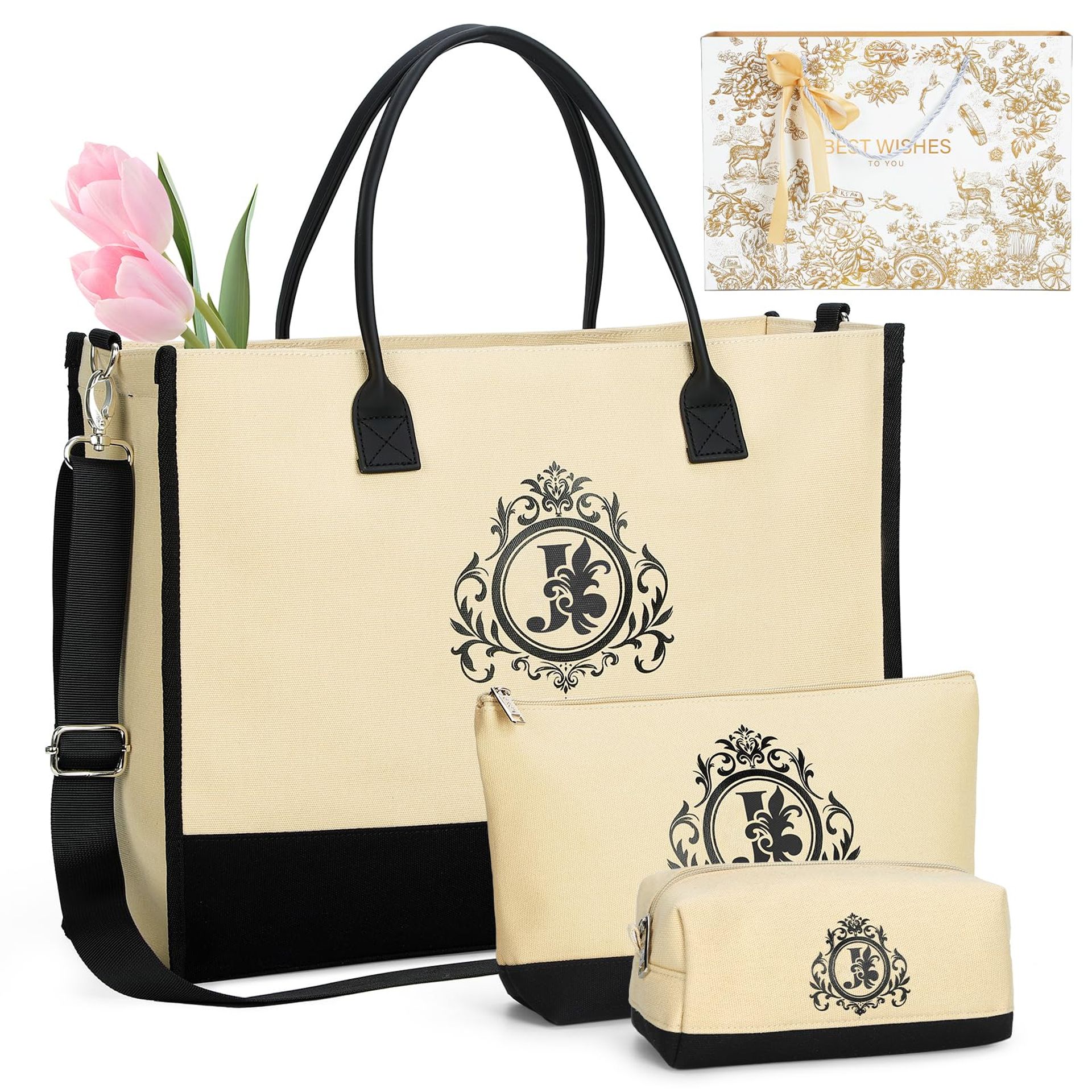 Personalised Canvas Tote Bag Set for Women with Zipper & Pouches Gift Option - J 20L