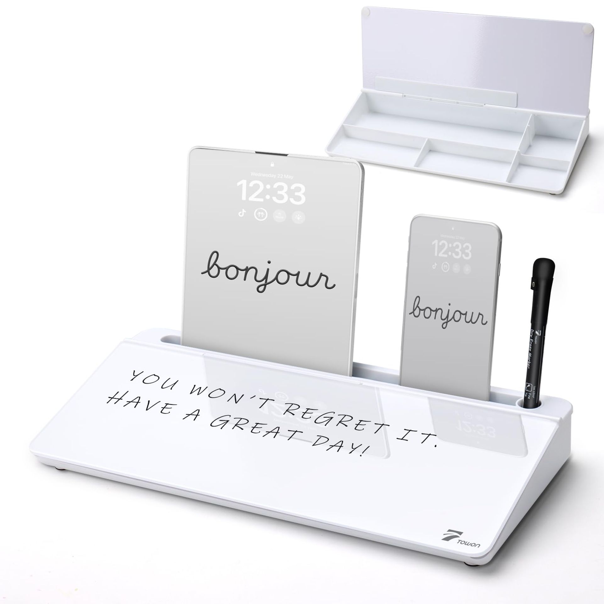 Small Tilted Desktop Glass Whiteboard Notepad & Keyboard Stand with Dry Erase Surface Desk Organiser - White 40x19cm