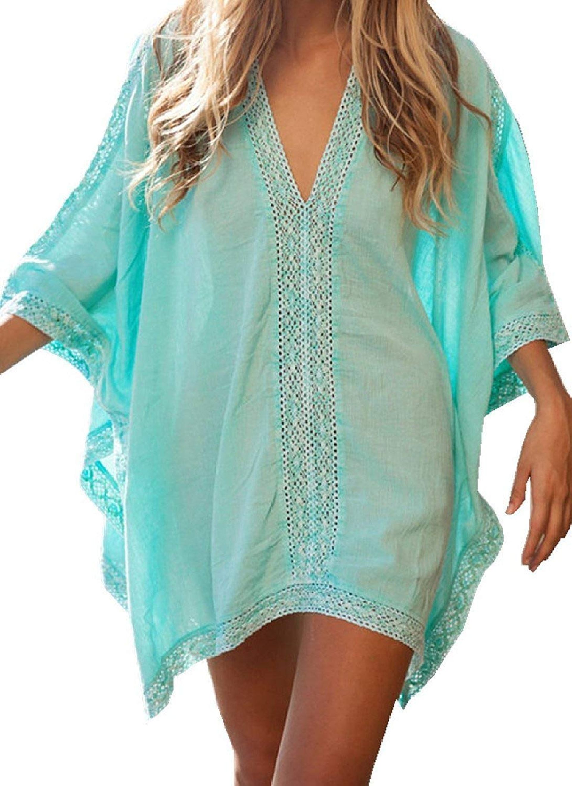 JFAN Women Bikini Beach Cover up V Neck Beach Dress for Swimsuit Coverup Sarong Oversized Smock Ladies Summer Solid Color Beachwear,One Size,Green