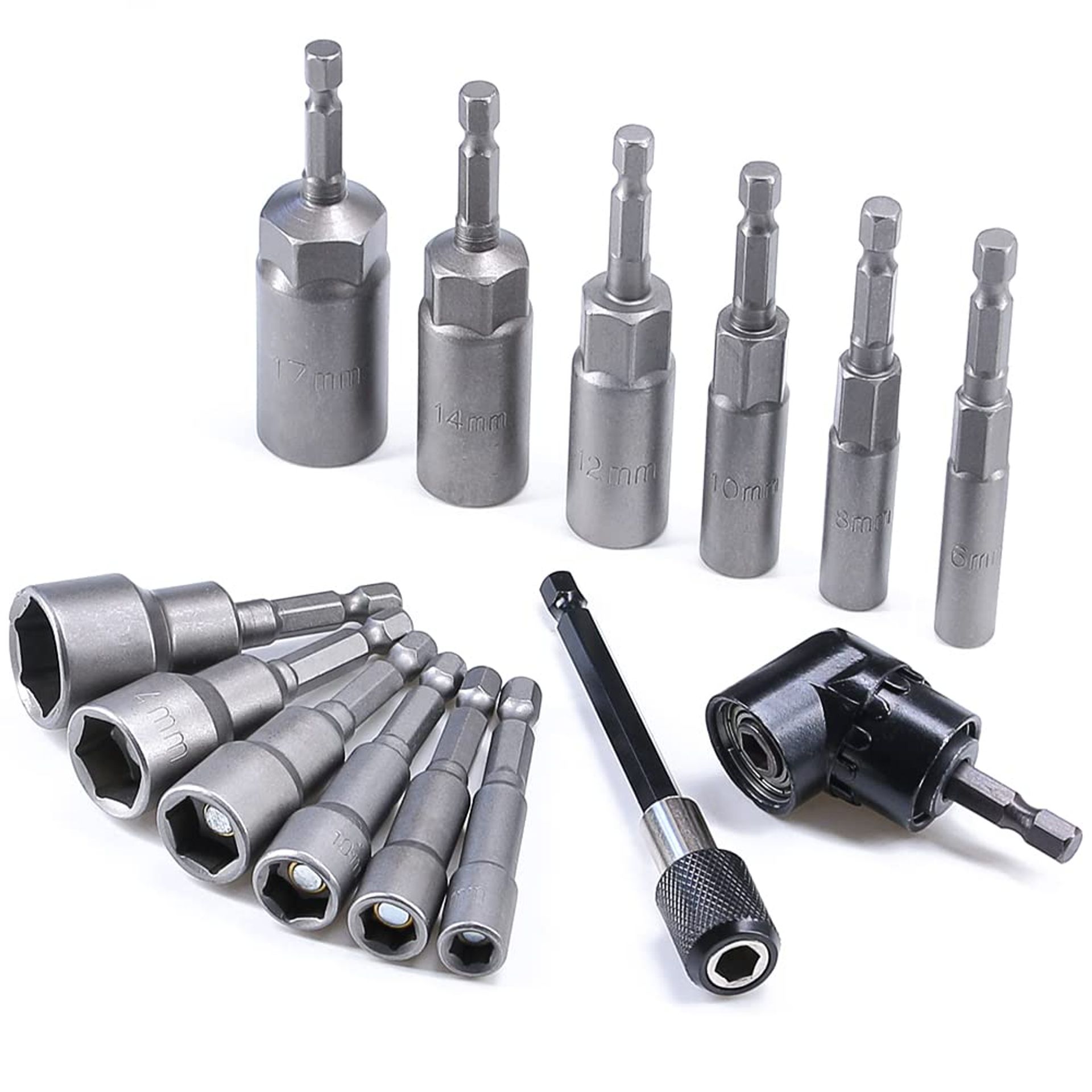 12 Pcs Nut Driver Set, Including 6 Pcs Deepen Hex Drill Bits and 6 Pcs Magnetic Bit Holders, Screwdriver Bits Come with Impact Driver Socket Adapter and Right Angle Drill for Operation in Small Space