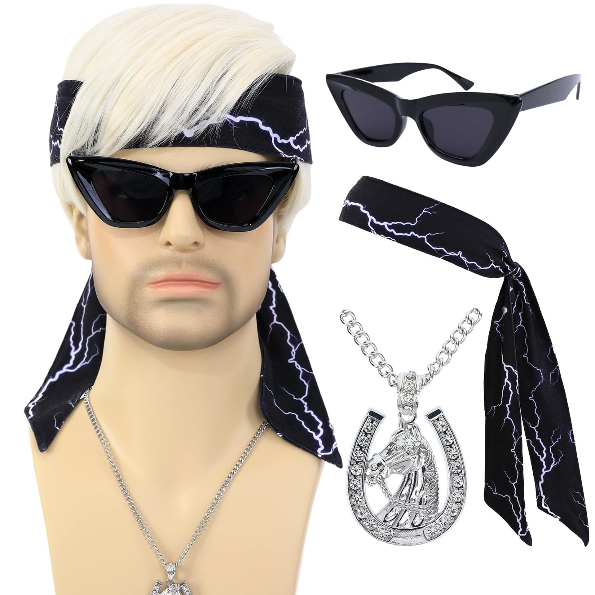 Men's Short Blonde Cosplay Wig with Headbands, Necklace & Sunglasses Set - Blonde Wig Style