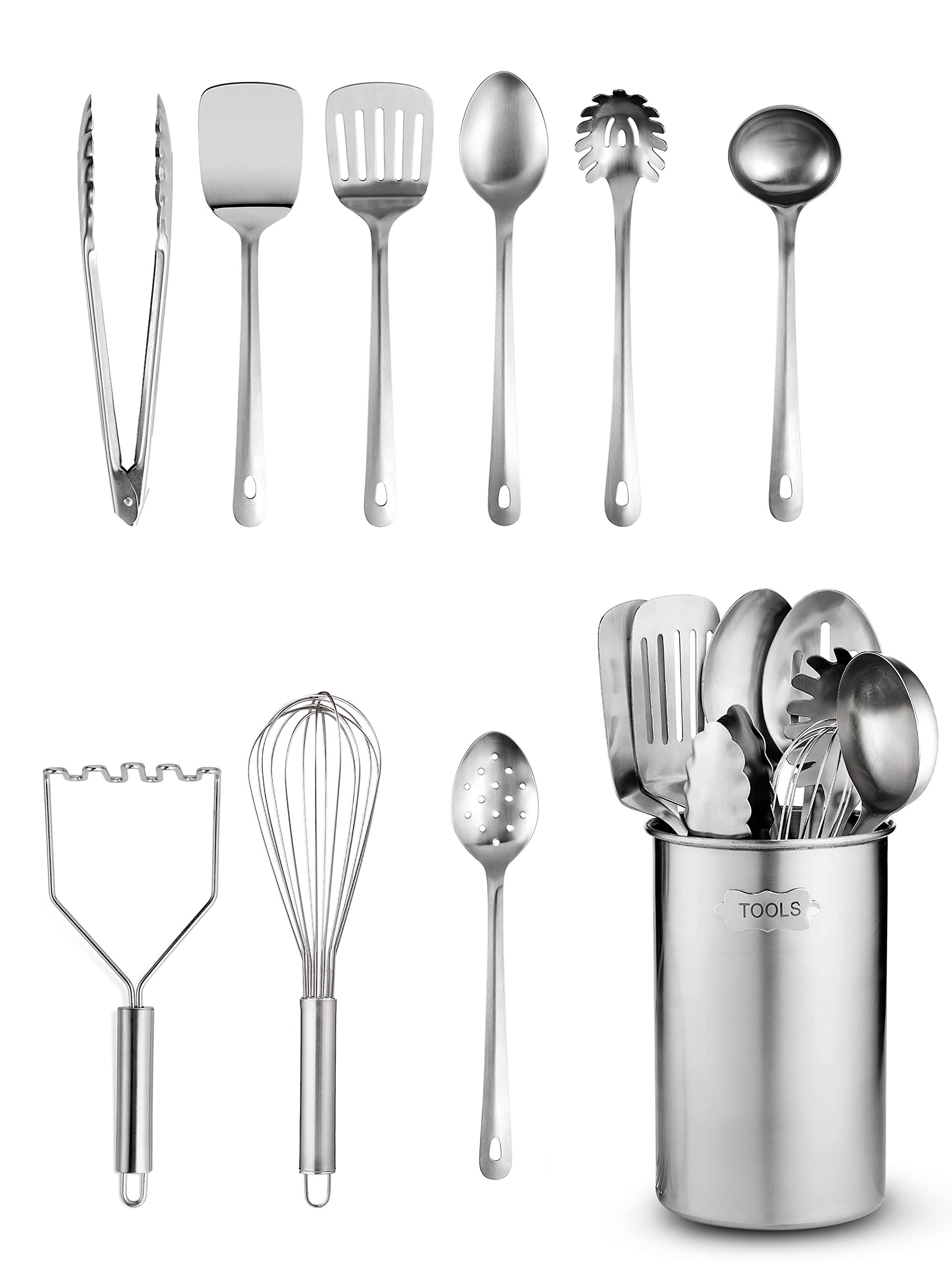 10-Piece Stainless Steel Kitchen Utensils Set with Holder - Spoons, Whisk, Spatula, Tongs & More
