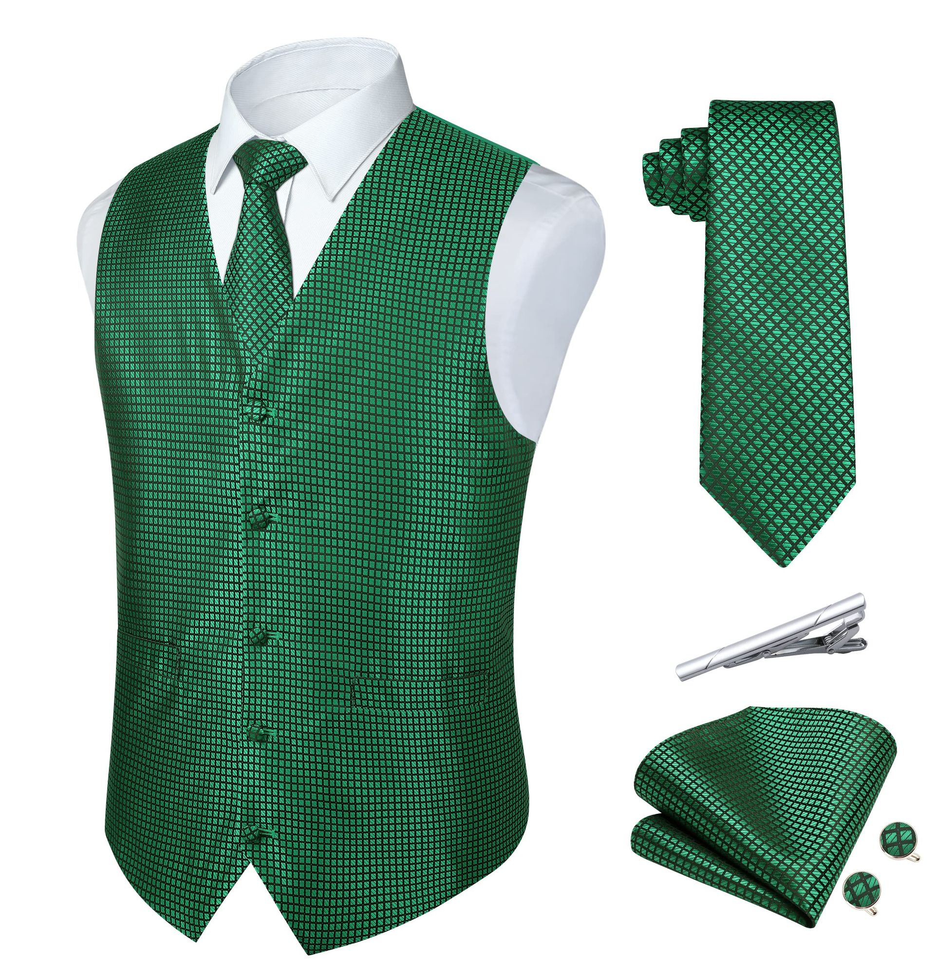 Men's Green Check Waistcoat Silk Jacquard Paisley Floral Vest Set with Tie & Pocket Square for Weddings & Business - Green XXL
