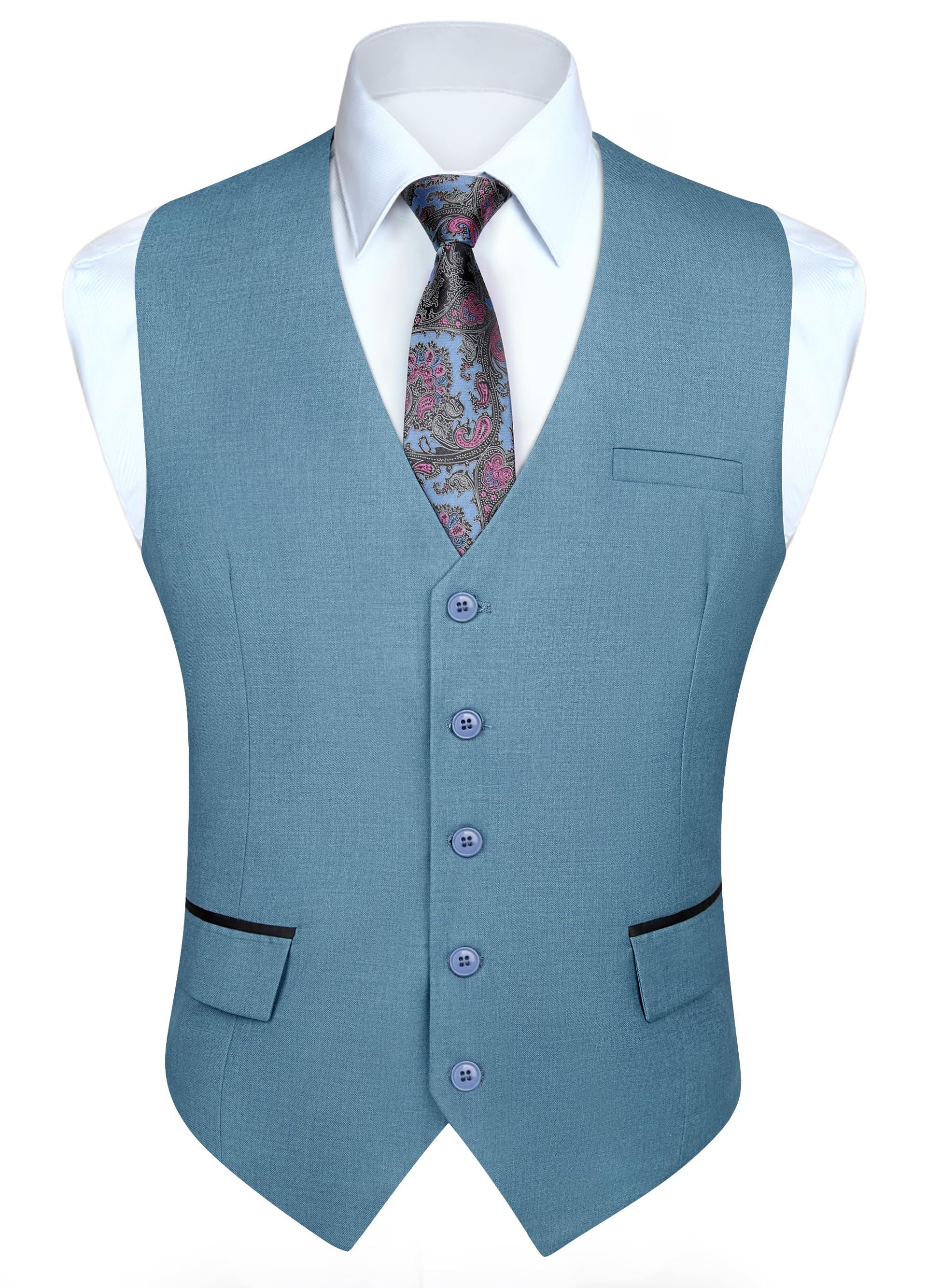 Men's Formal Waistcoat Classic Business Wedding Tuxedo Vest with Adjustable Belt and Pockets - Steel Blue L