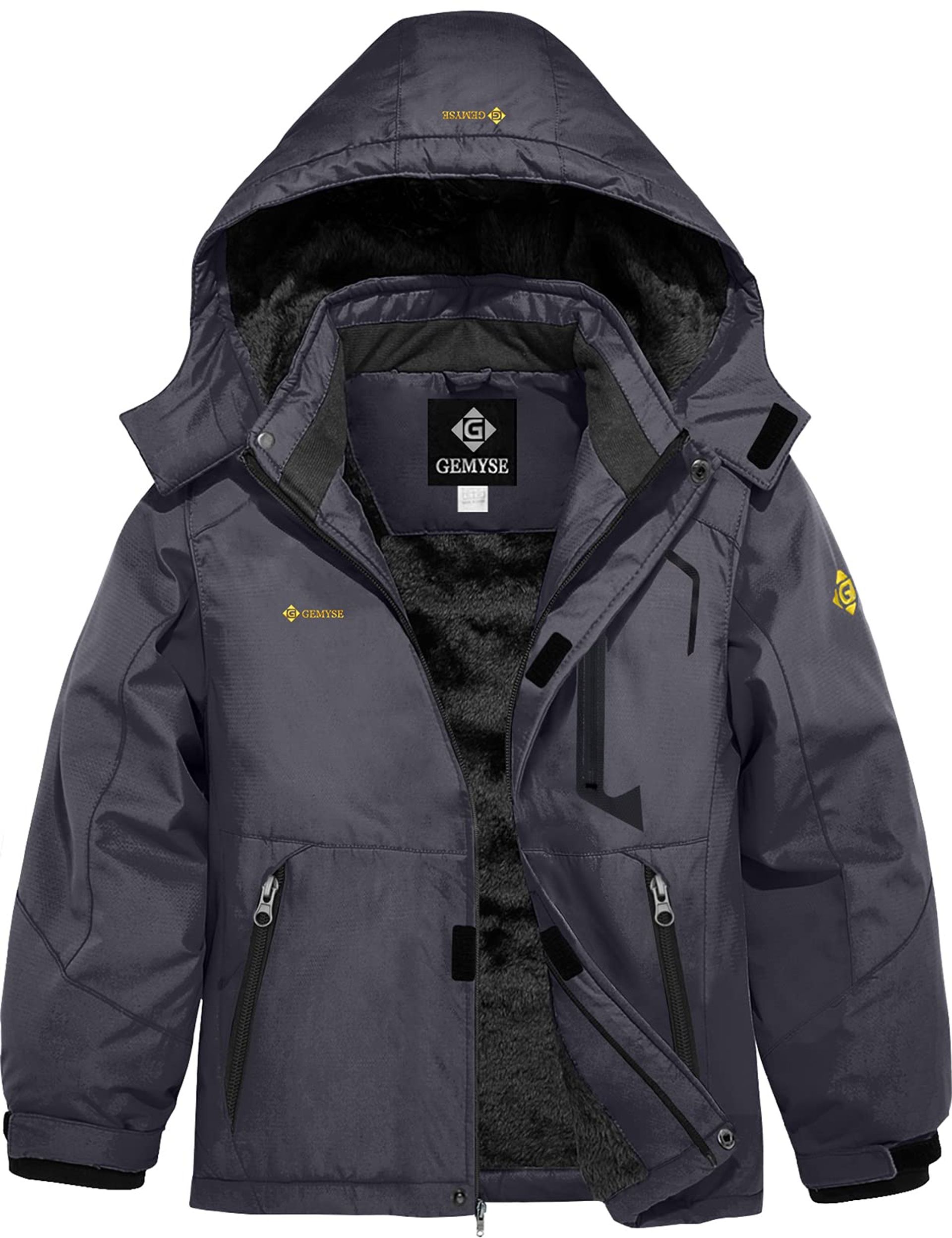 Boy's Winter Waterproof Ski Jacket - Windproof Fleece Coat with Hood, Iron Grey, Age 12-13