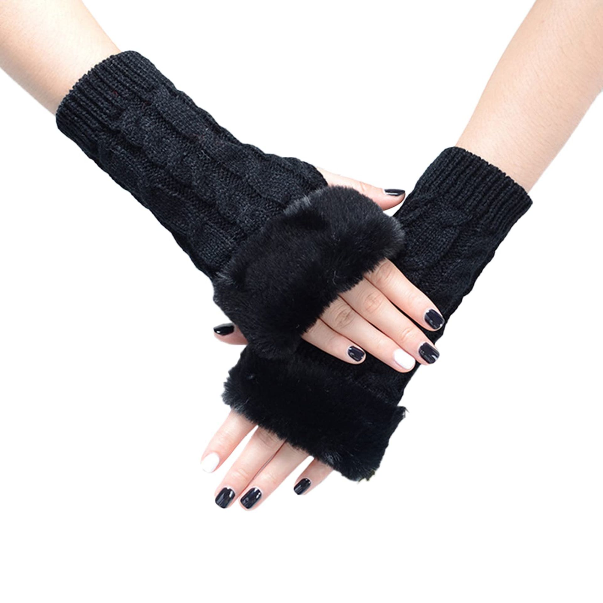 SUNTRADE Women Knit Fingerless Gloves, Arm Warmers with Faux Fur, Winter Fingerless Wrist Warmer Mittens (light gray)