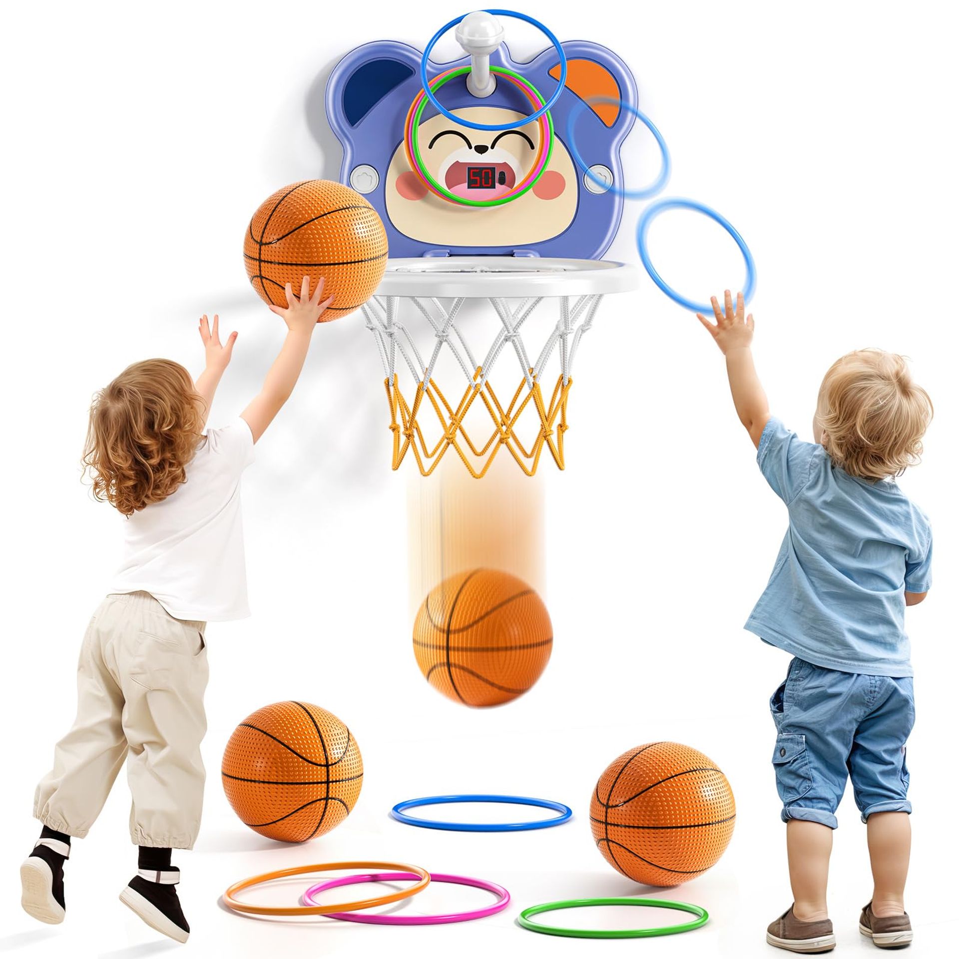 2-in-1 Kids Basketball Hoop with Electronic Scoreboard & Ring Toss – Indoor Mini Sports Game with 4 Balls for Ages 2-6