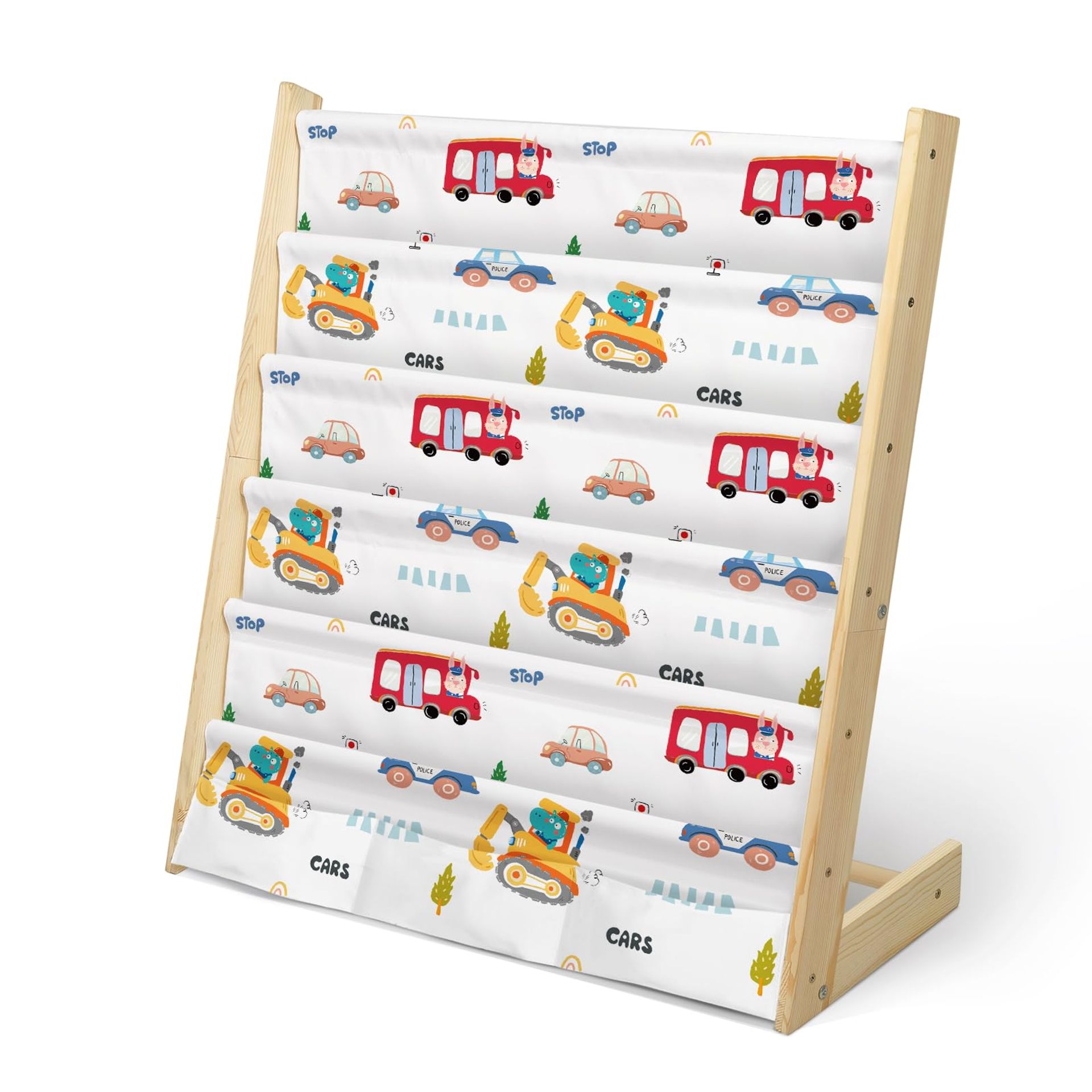 Children's Wooden Sling Bookshelf 5 Tier Toy & Book Storage Organiser with Deep Pockets for Nursery or Playroom - Vehicle 63x30x73cm