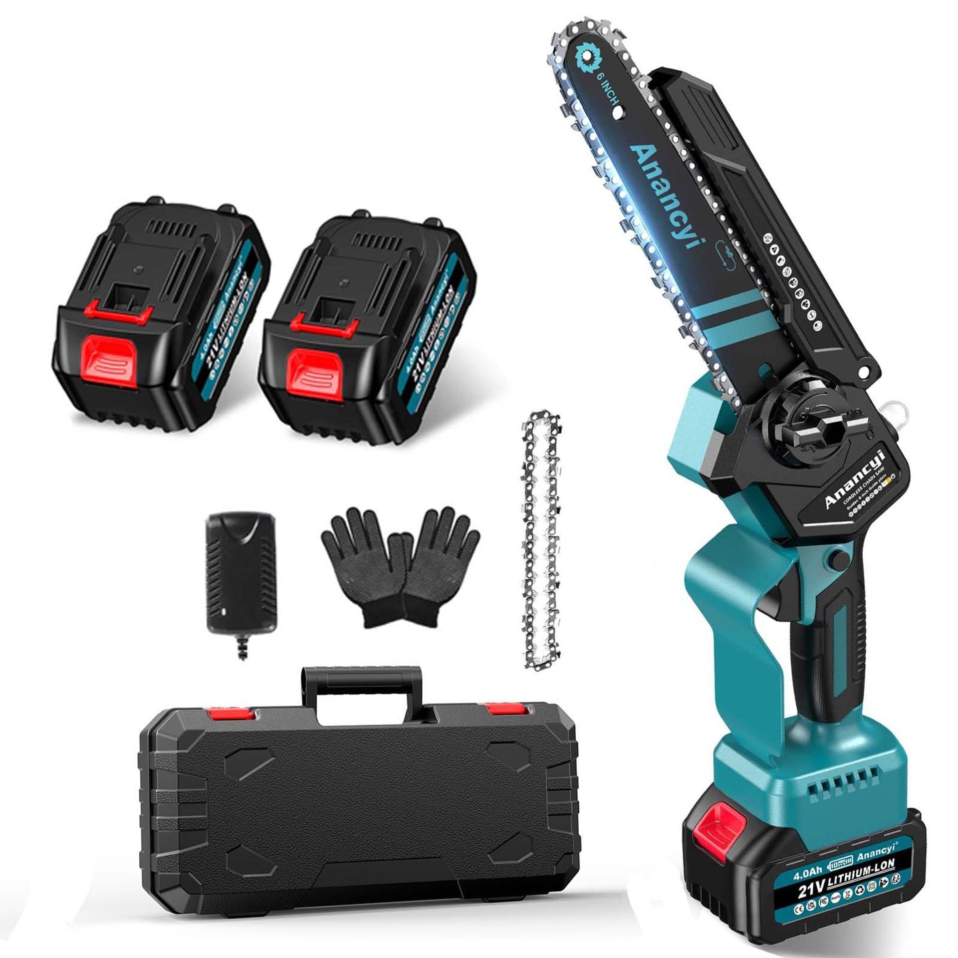 Cordless Mini Chainsaw 6-Inch Electric Handheld with 2 x 4.0Ah Batteries Brushless Motor for Wood Cutting & Garden Trimming - Black