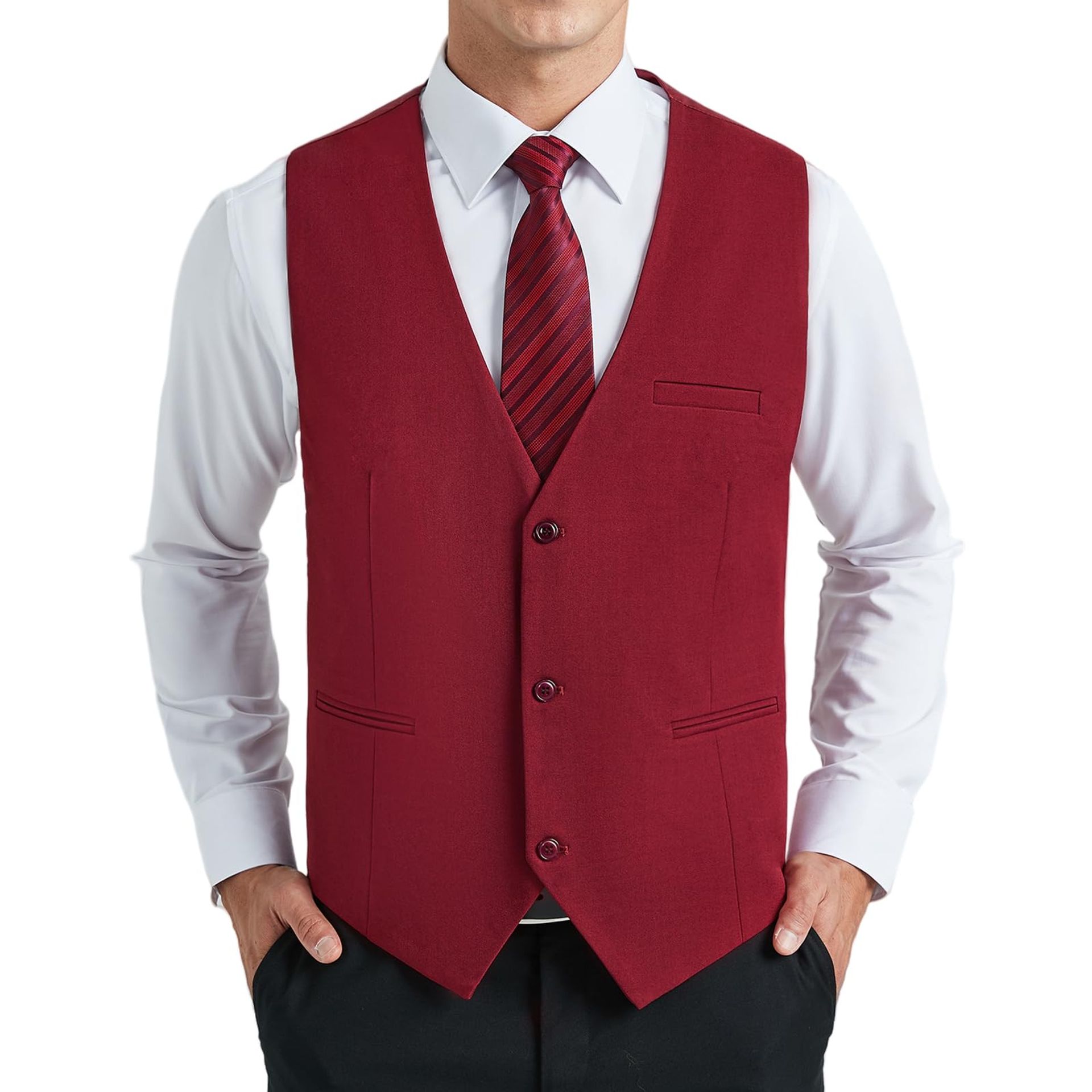Men's Classic Formal Waistcoat V-Neck Cotton Suit Vest with Pockets - Burgundy 3XL