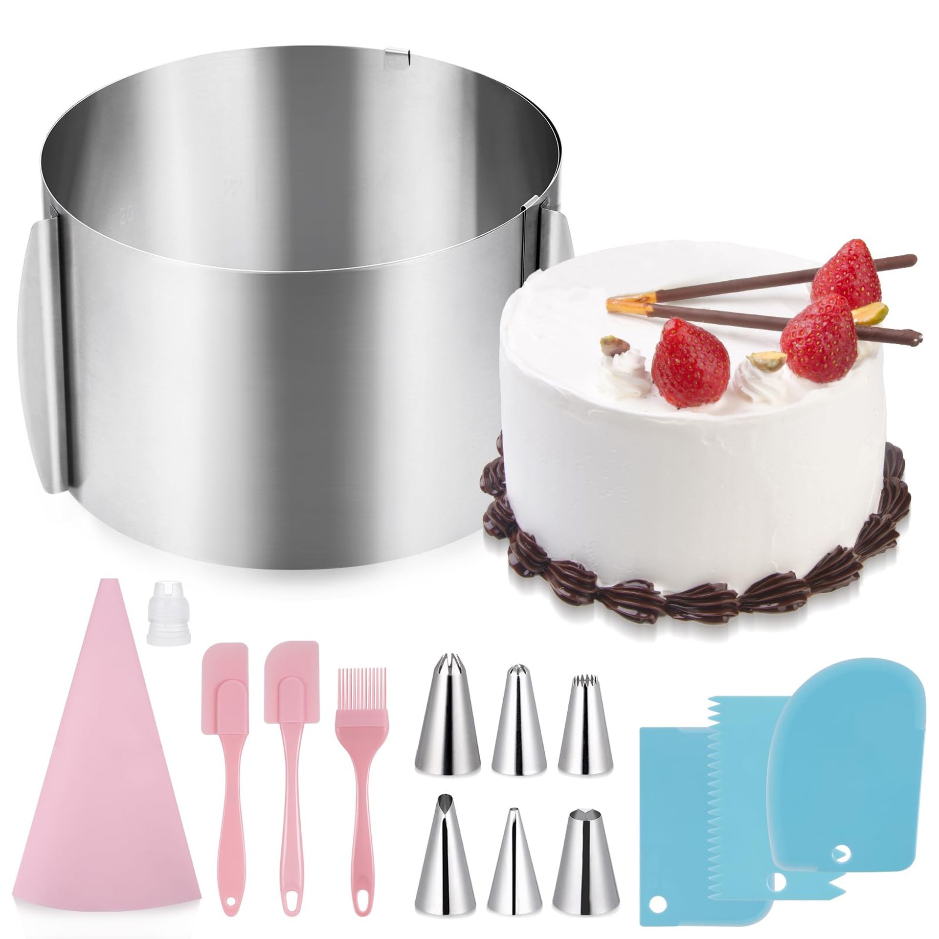 Frost Form Cake Kit - Adjustable 6-12 Inch Stainless Steel Mousse Ring & Baking Tools