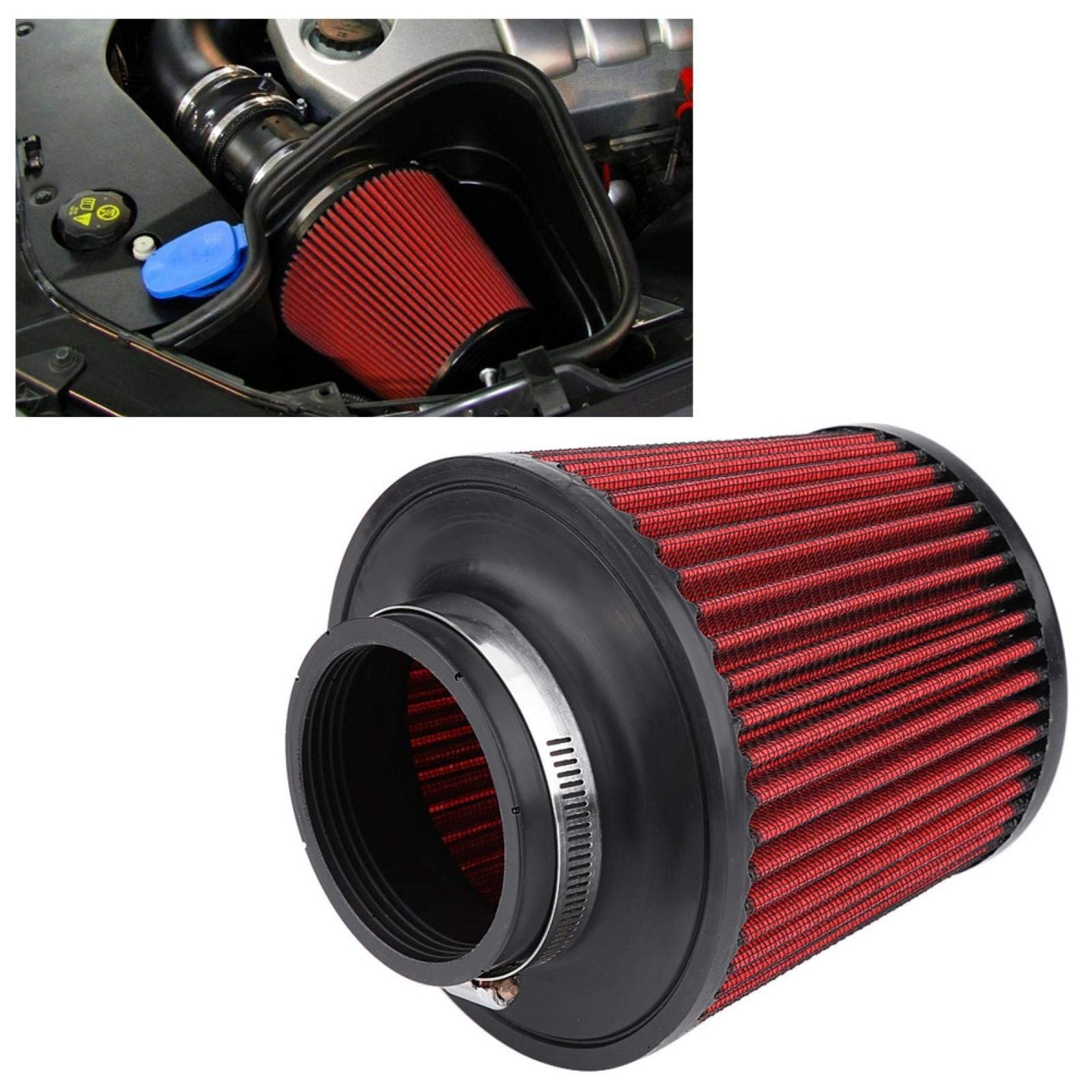 Universal High Flow Air Intake Cone Filter – Improves Engine Performance & Acceleration – 76mm Red
