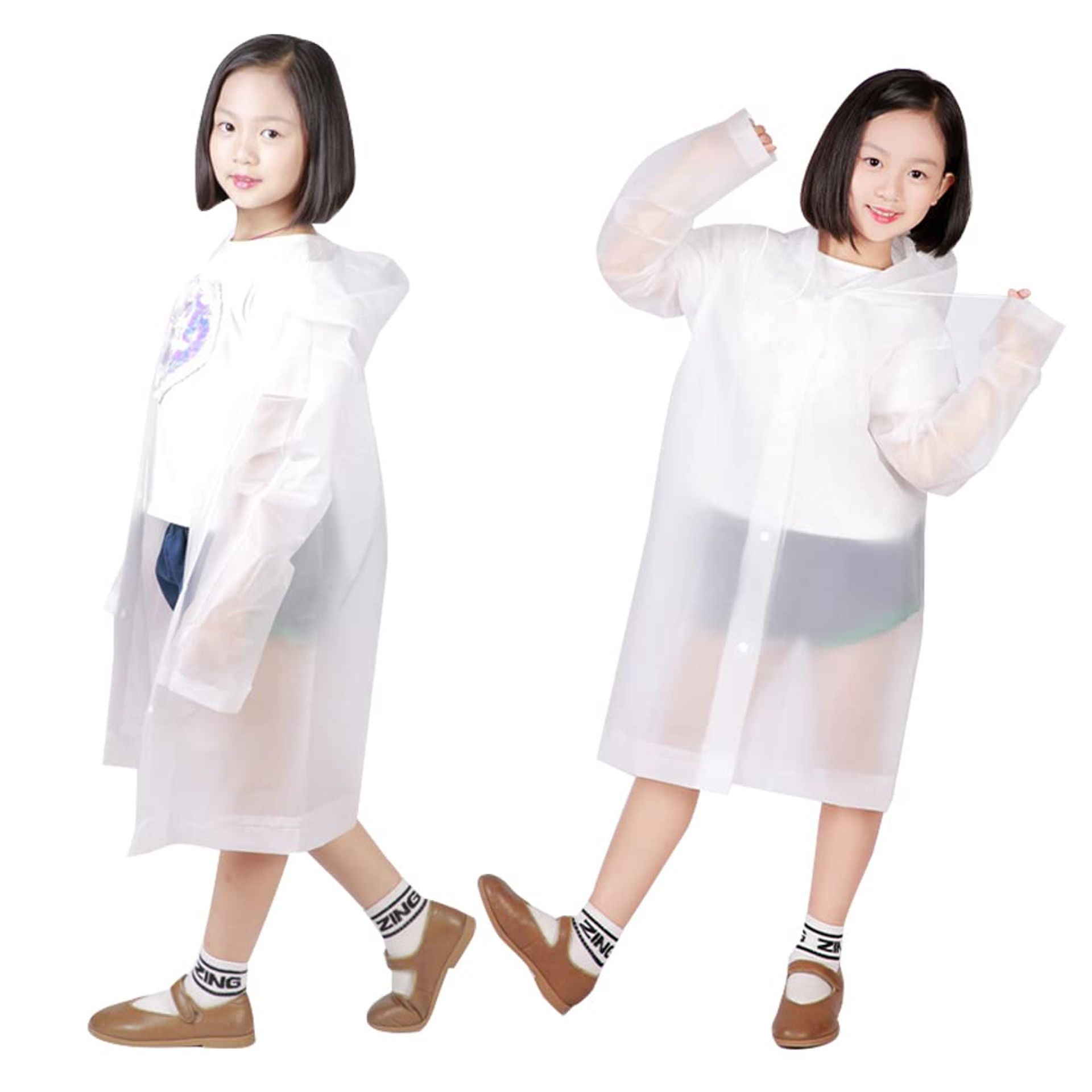 Kids Clear Rain Poncho, 2 Pack Lightweight Reusable EVA Rainwear with Hood & Buttons for Boys & Girls