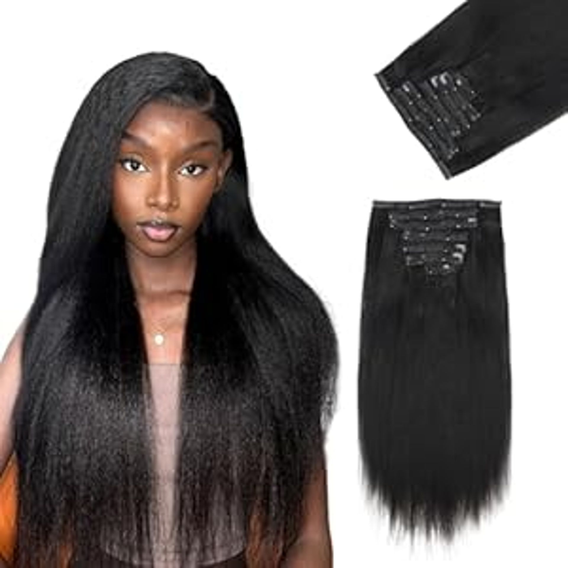 Yaki Human Hair Clip-in Extensions Invisible Full Head Set for Black Women 7 Pieces Remy Human Hair - Jet Black 20 Inch - Valentines