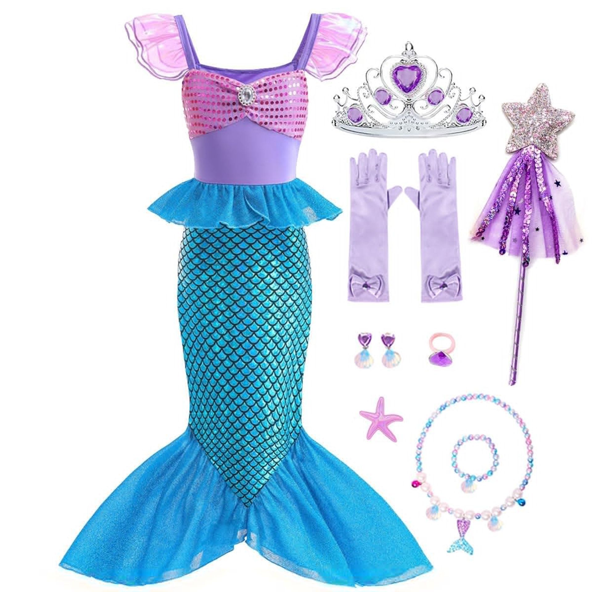 Girls Mermaid Princess Ariel Fancy Dress Costume with Accessories for Parties and Cosplay - Blue 7-8 Years