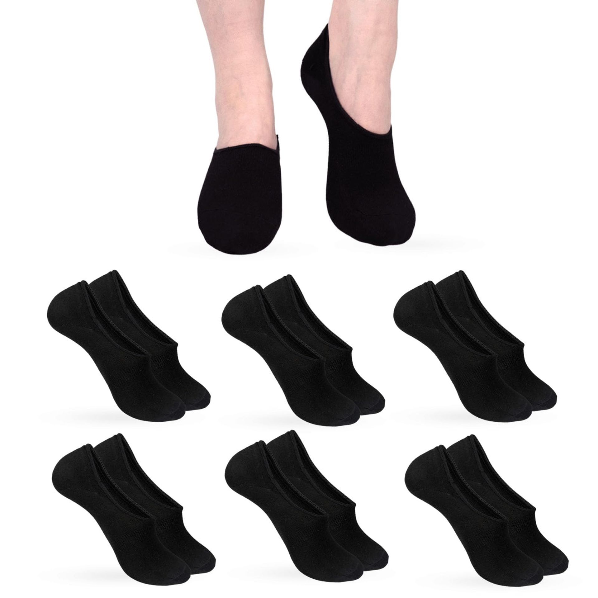 Women's Bamboo No Show Trainer Socks - 6 Pairs, Black, Low Cut, Non-Slip