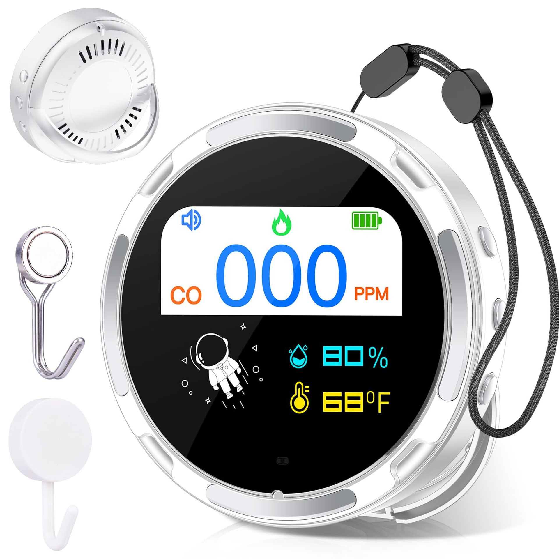 Mini Carbon Monoxide Detector with LCD, Temperature & Humidity Sensor, Audible Visual Alarm, Portable for Home, Car & Camping - White