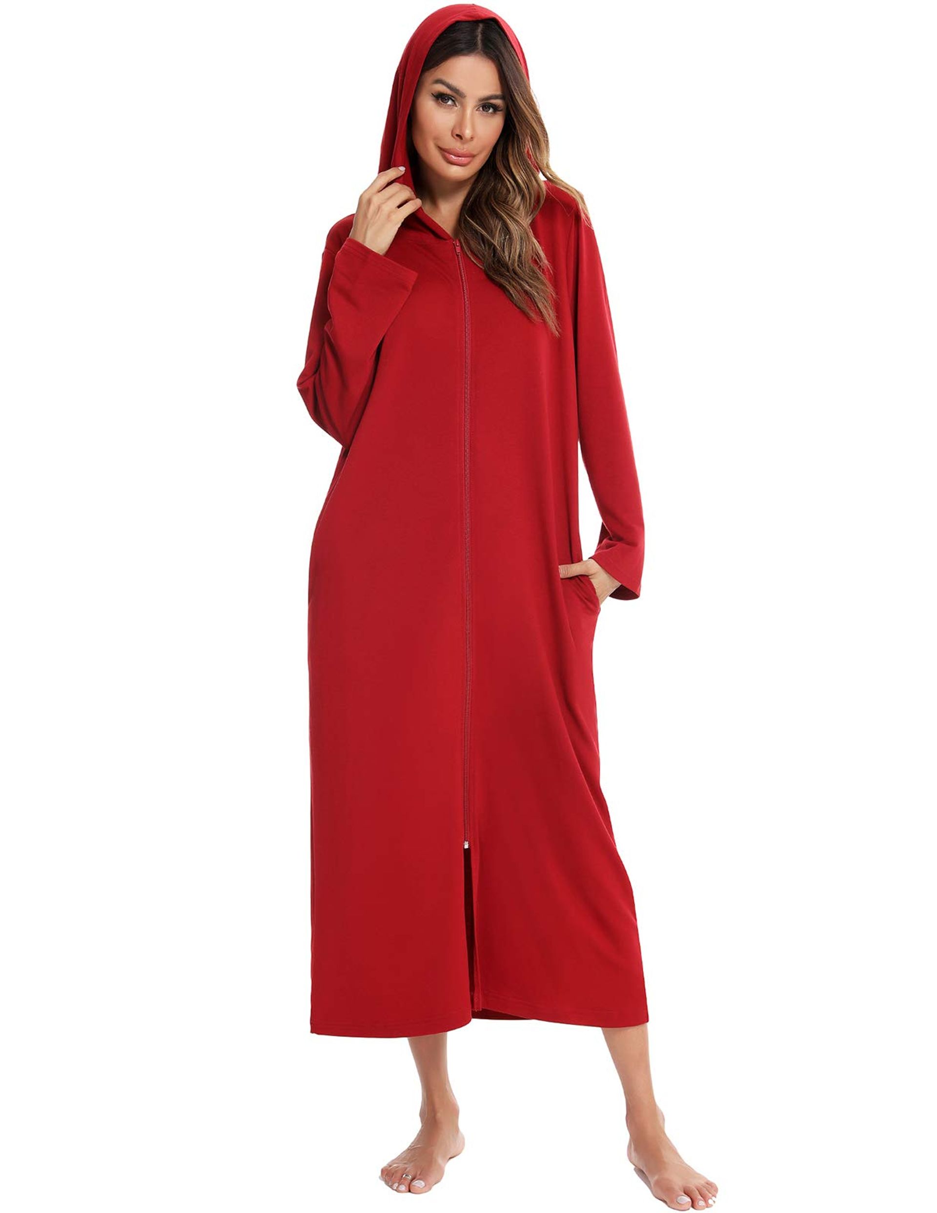 Women's Long Zipper Robe with Hoodie & Pockets – Soft Nightgown Sleepwear, Wine Red, Size S