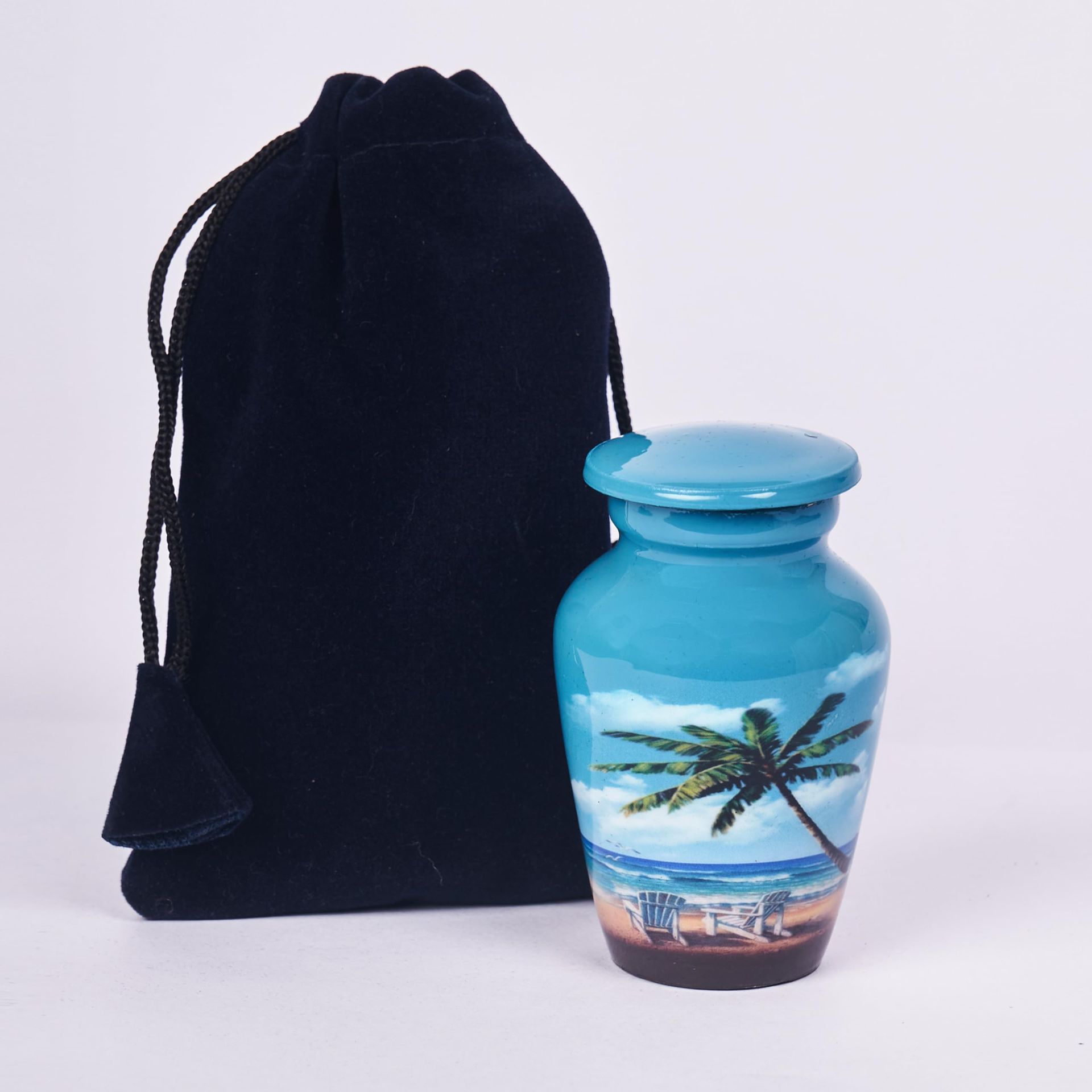 Mini Keepsake Urn Handcrafted Memorial with Palm Tree Design and Velvet Box - Blue Small