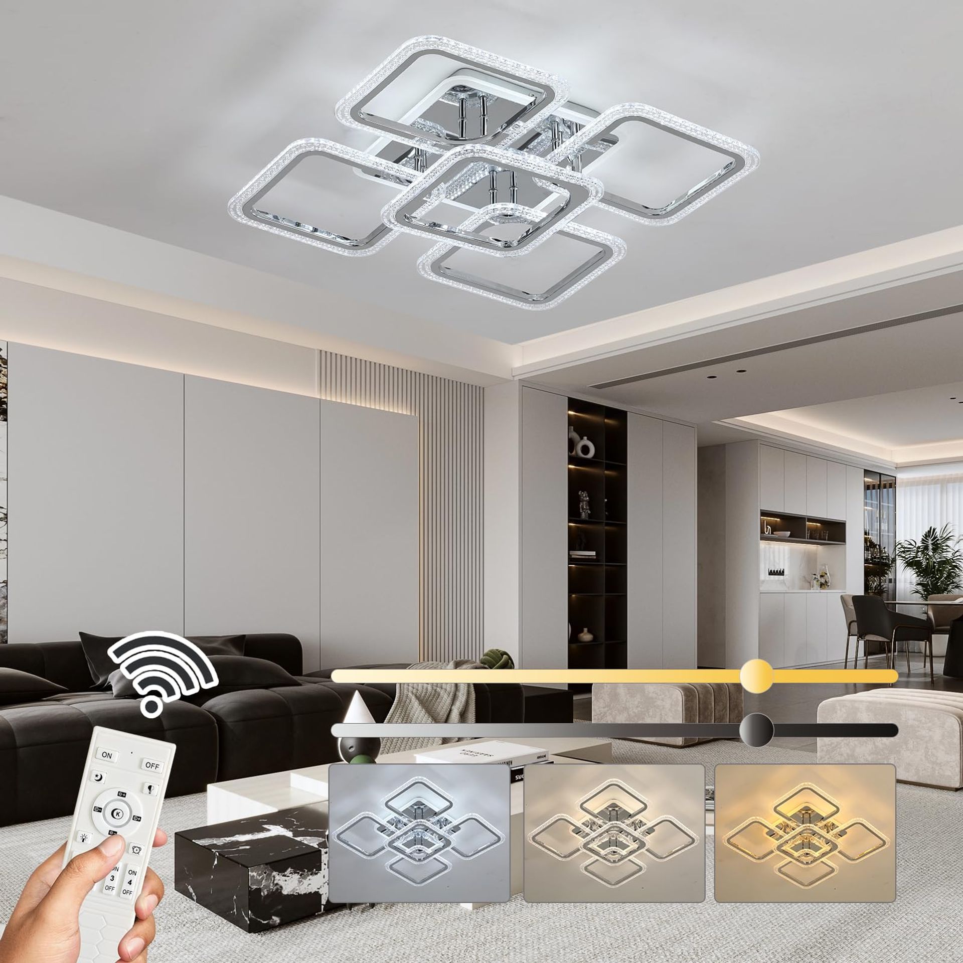 LED Ceiling Light with Remote Control 80W Dimmable Modern Square Fixture 3000–6000K - Chrome 5 Squares-80W