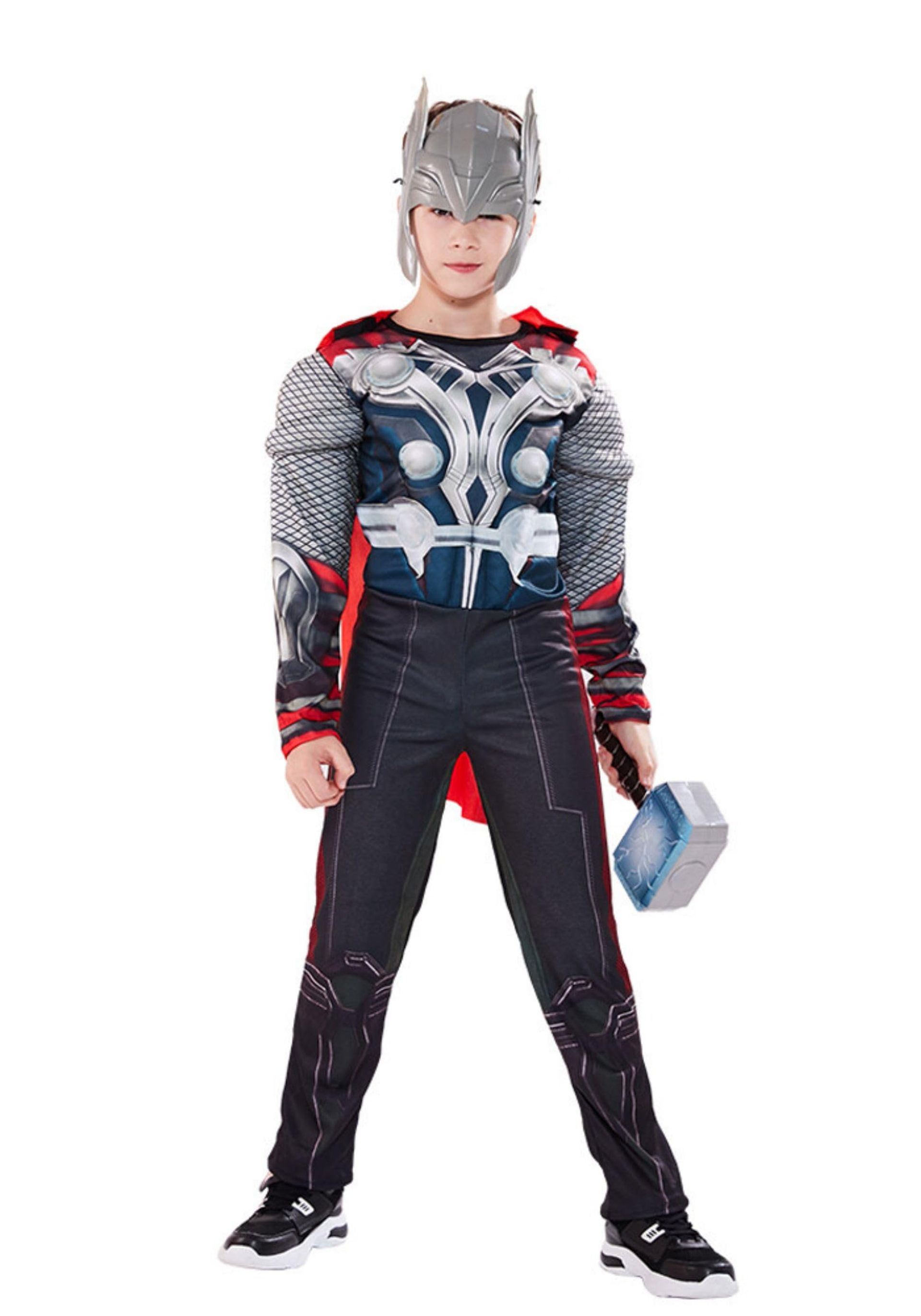 Kids Superhero Costume Muscle Jumpsuit with Helmet and Red Cape Cosplay Outfit for Fancy Dress - Super Hero Costume（no Hammer） L/130/7T8T