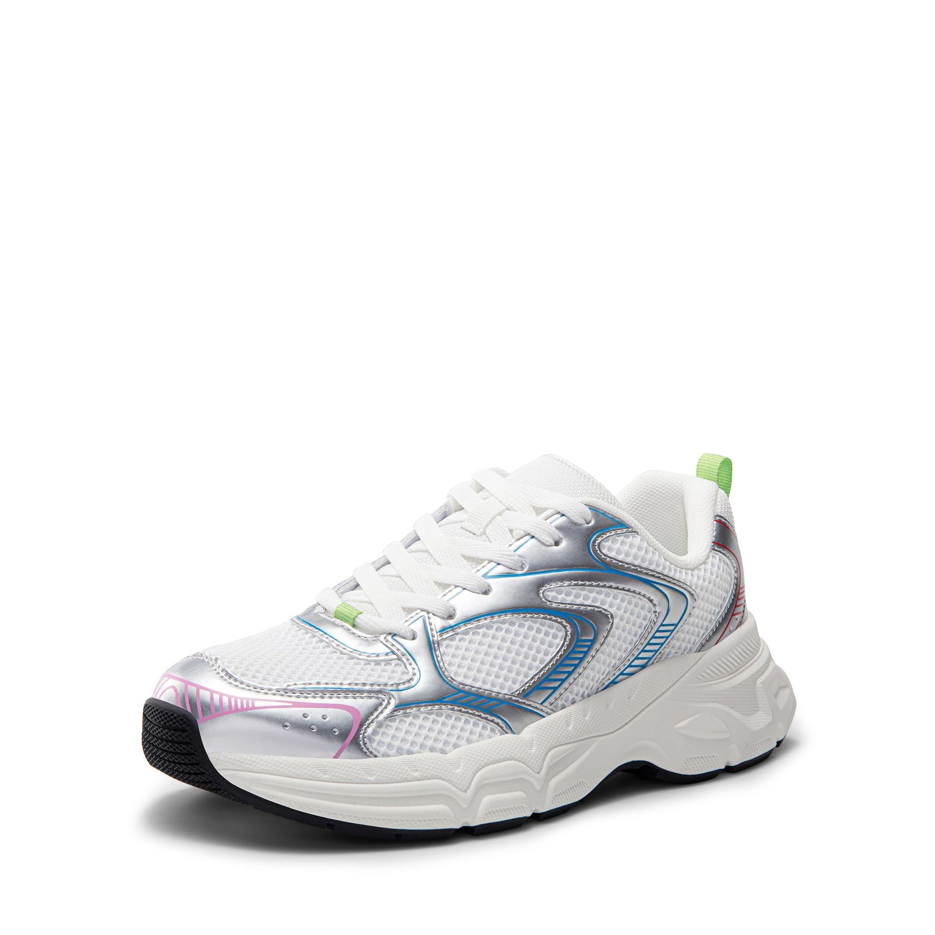 Women's Chunky Platform Trainers, Y2K Style Sneakers, Silver/White, Comfortable Lace-Up Walking & Casual Shoes Size 5.5