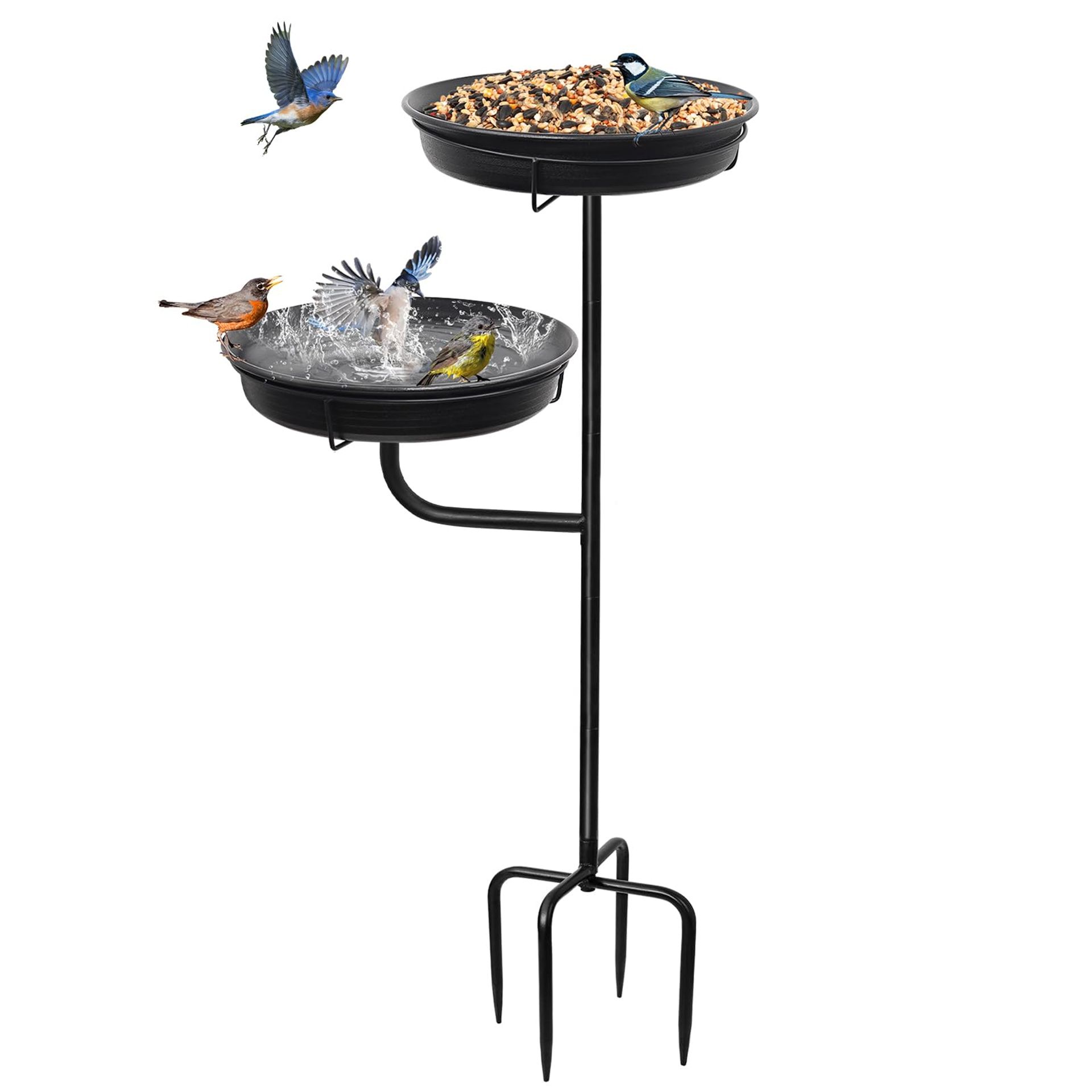 Freestanding Bird Bath & Feeder Outdoor Garden Decoration with Detachable Bowl & Metal Stakes - Black Style A