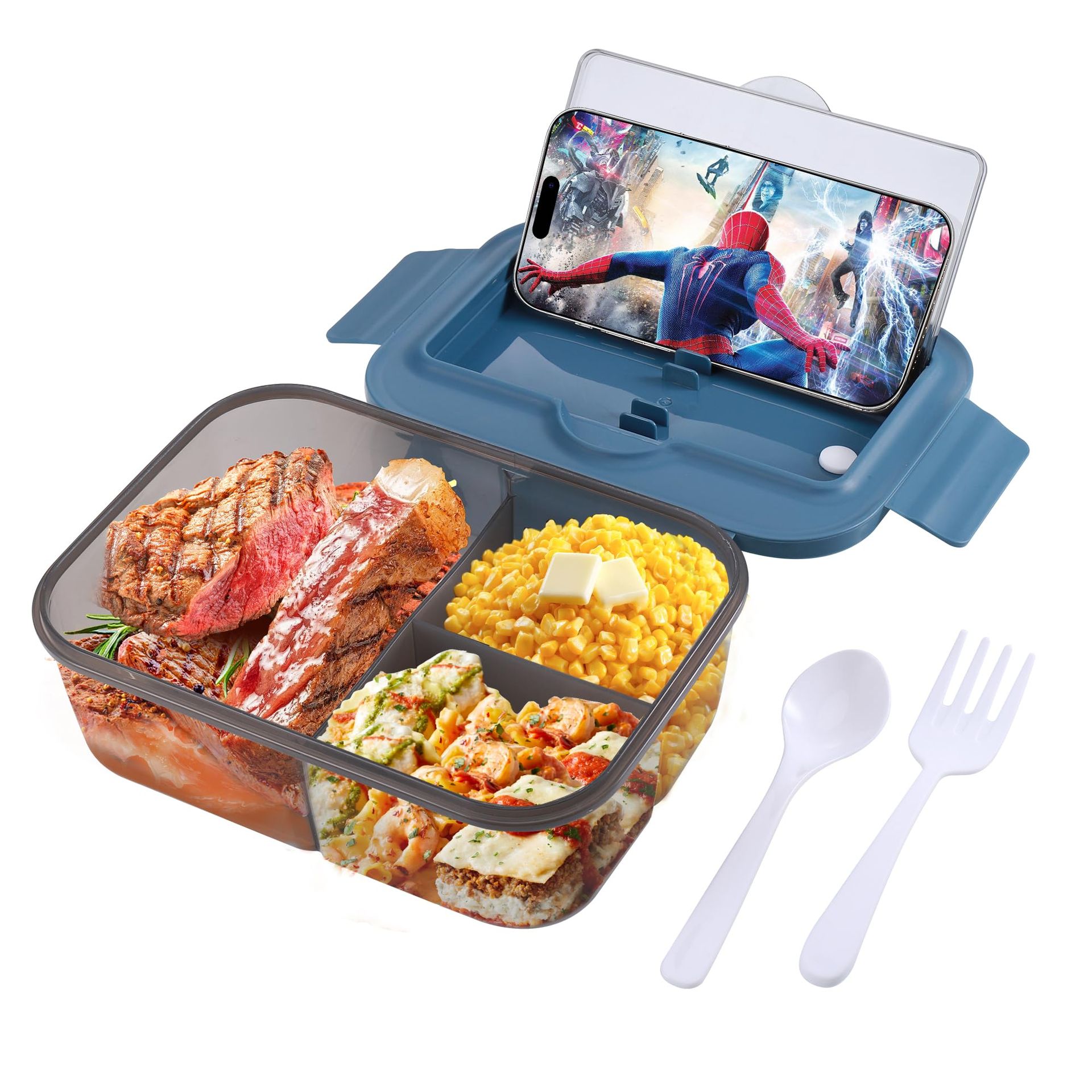 Blue 1400ml Bento Lunch Box with Spoon Fork, Leak Proof, Microwave Safe - 3 Compartments