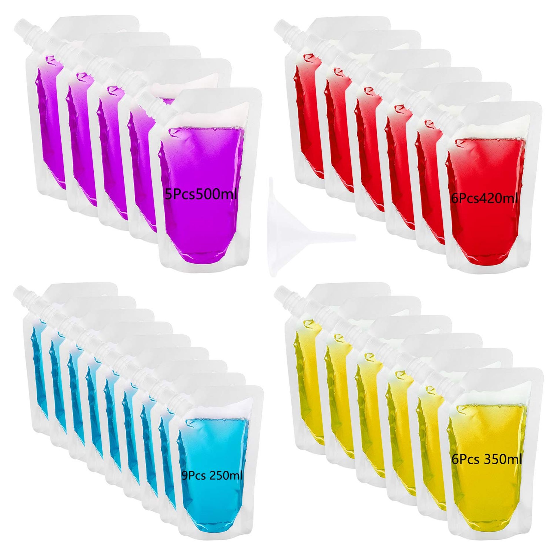 26 Pack Reusable Plastic Drink Pouches with Funnel - Concealable, Leak-Proof, Freezer Safe - Ideal for Parties