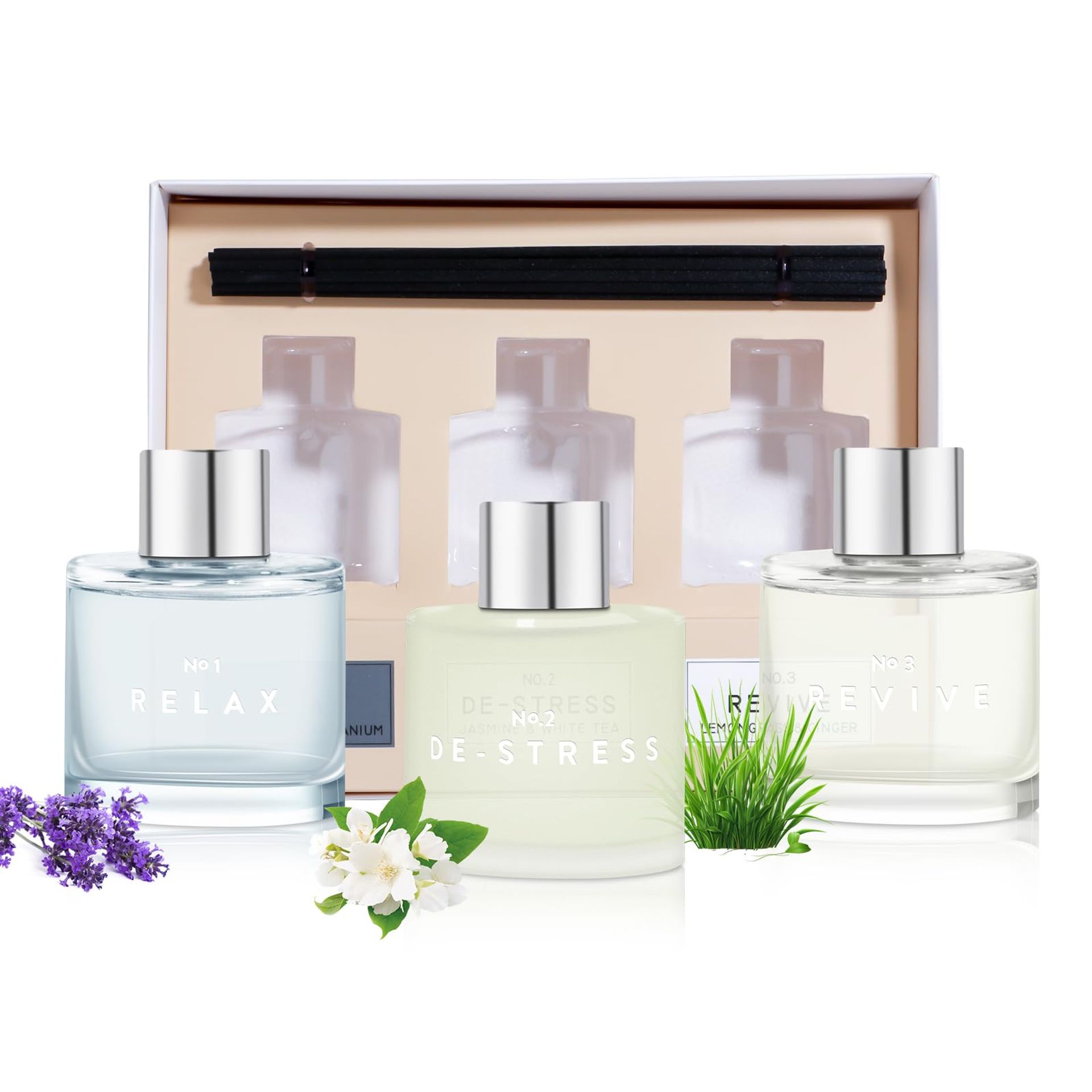 Reed Diffuser Set of 3 Aromatherapy Fragrance Oils Lavender Jasmine Lemongrass with 12 Fibre Sticks - Lavender Jasmine Lemongrass 21x17x5.5cm